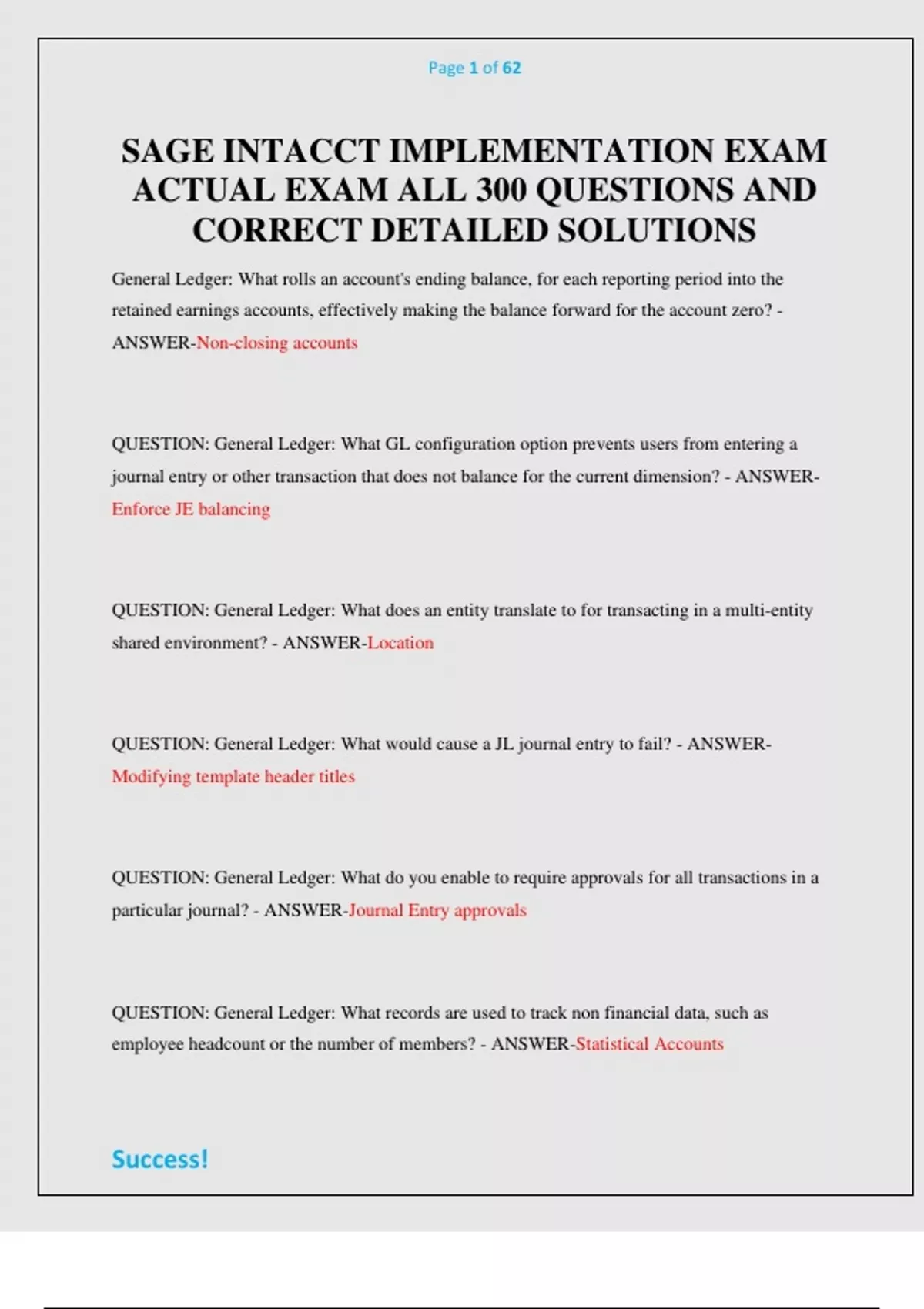 SAGE INTACCT IMPLEMENTATION EXAM ACTUAL EXAM ALL 300 QUESTIONS AND ...