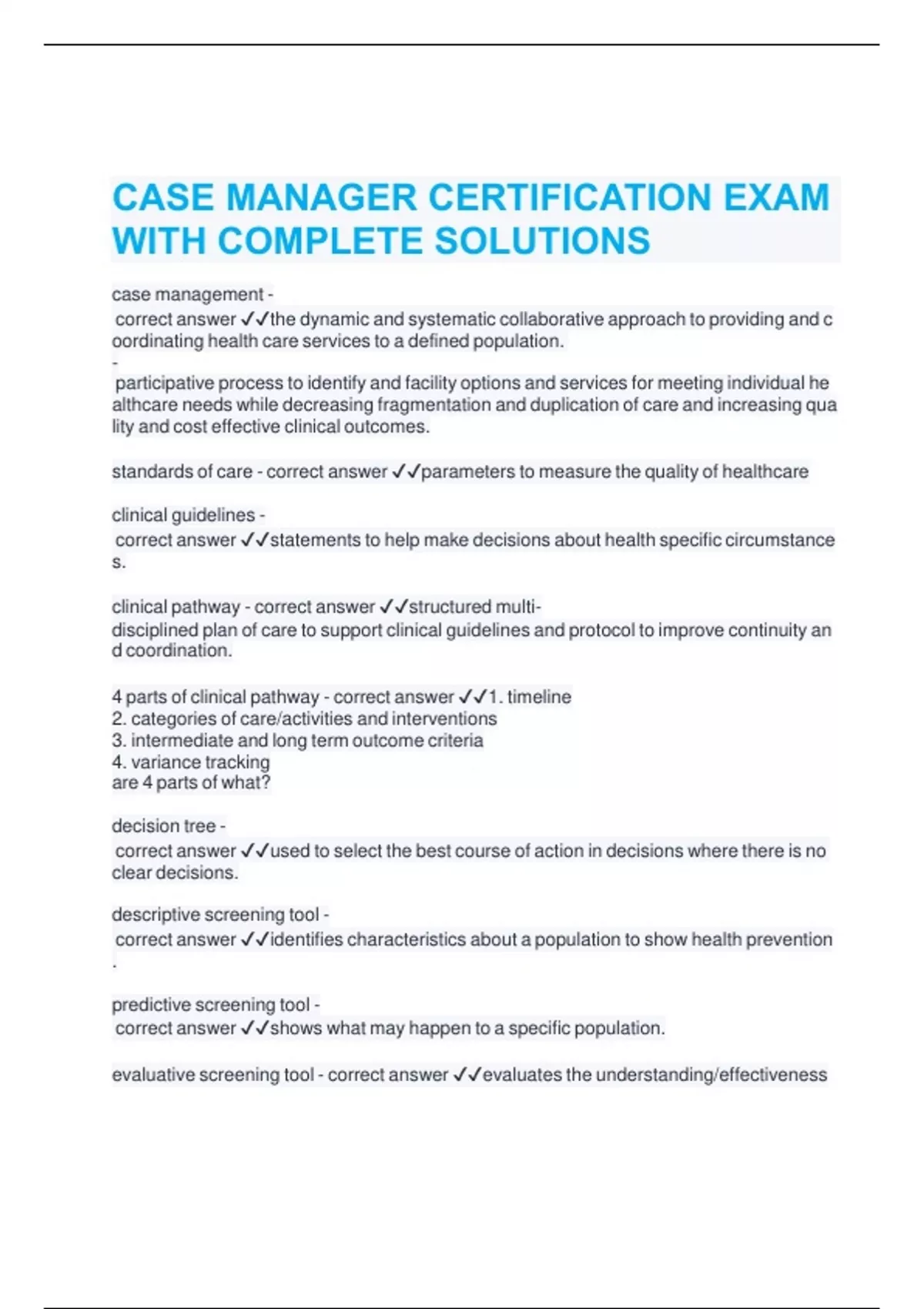 Case Manager Course CASE MANAGER CERTIFICATION EXAM WITH COMPLETE SOLUTION - CASE MANAGER ...