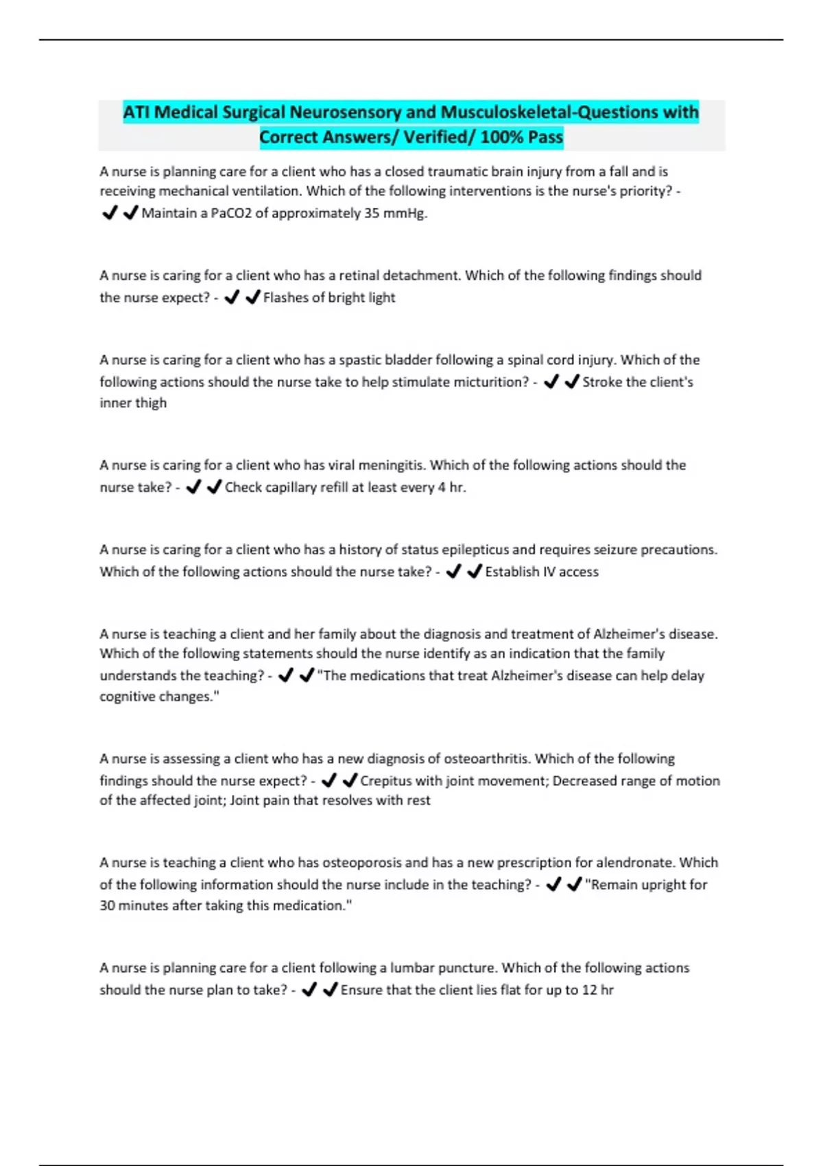 ATI Medical Surgical Neurosensory and Musculoskeletal-Questions with ...