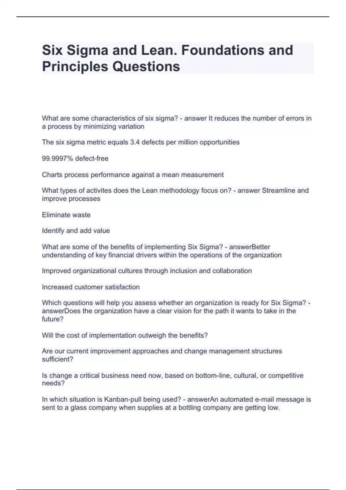 Six Sigma and Lean. Foundations and Principles Questions with Accurate ...