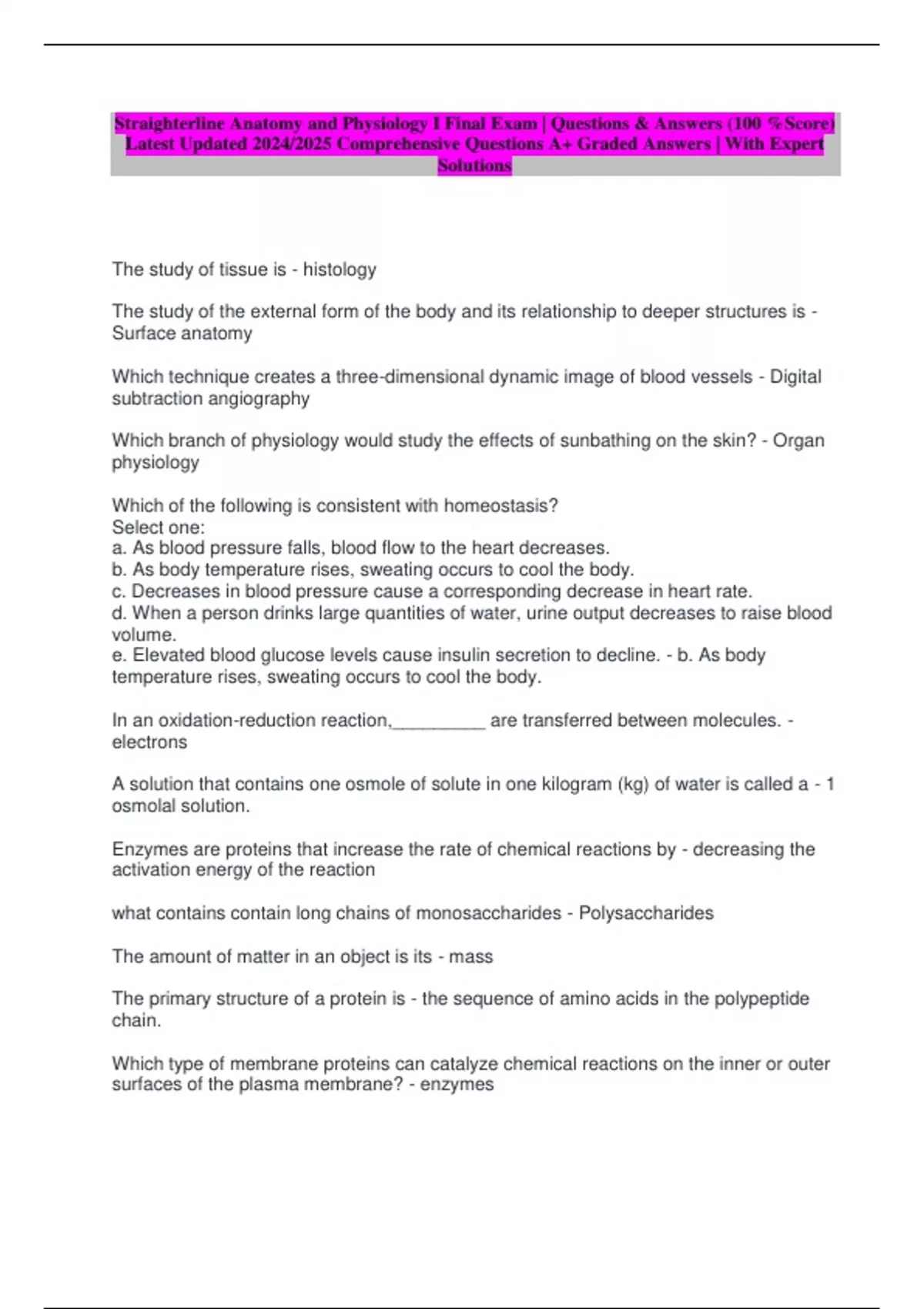 Straighterline Anatomy and Physiology I Final Exam | Questions ...