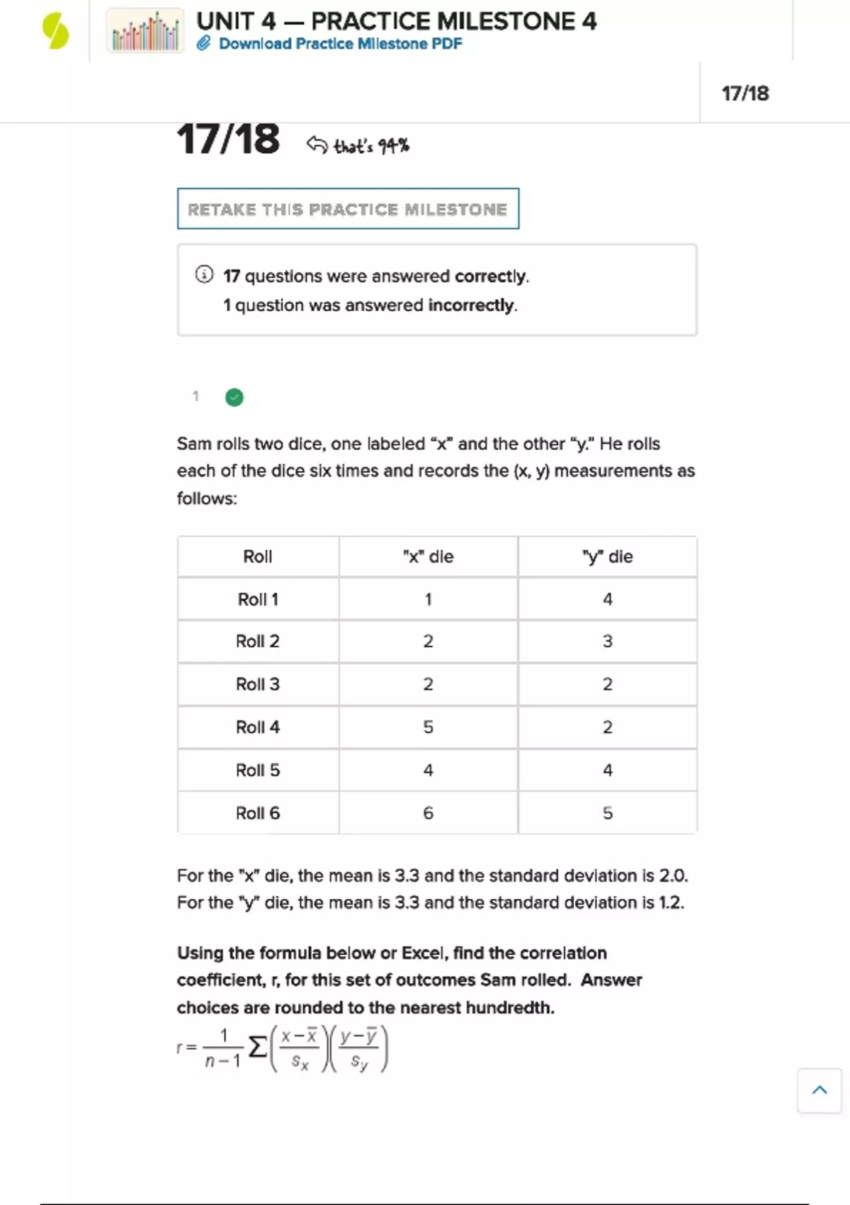 Practice Milestone Unit 4 Introduction to Statistics - Introduction to ...