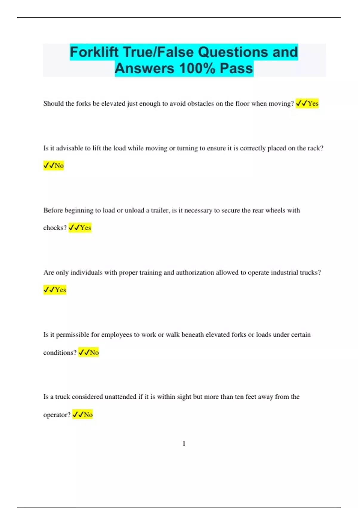 Forklift True/False Questions and Answers 100% Pass - Forklift True/False - Stuvia US