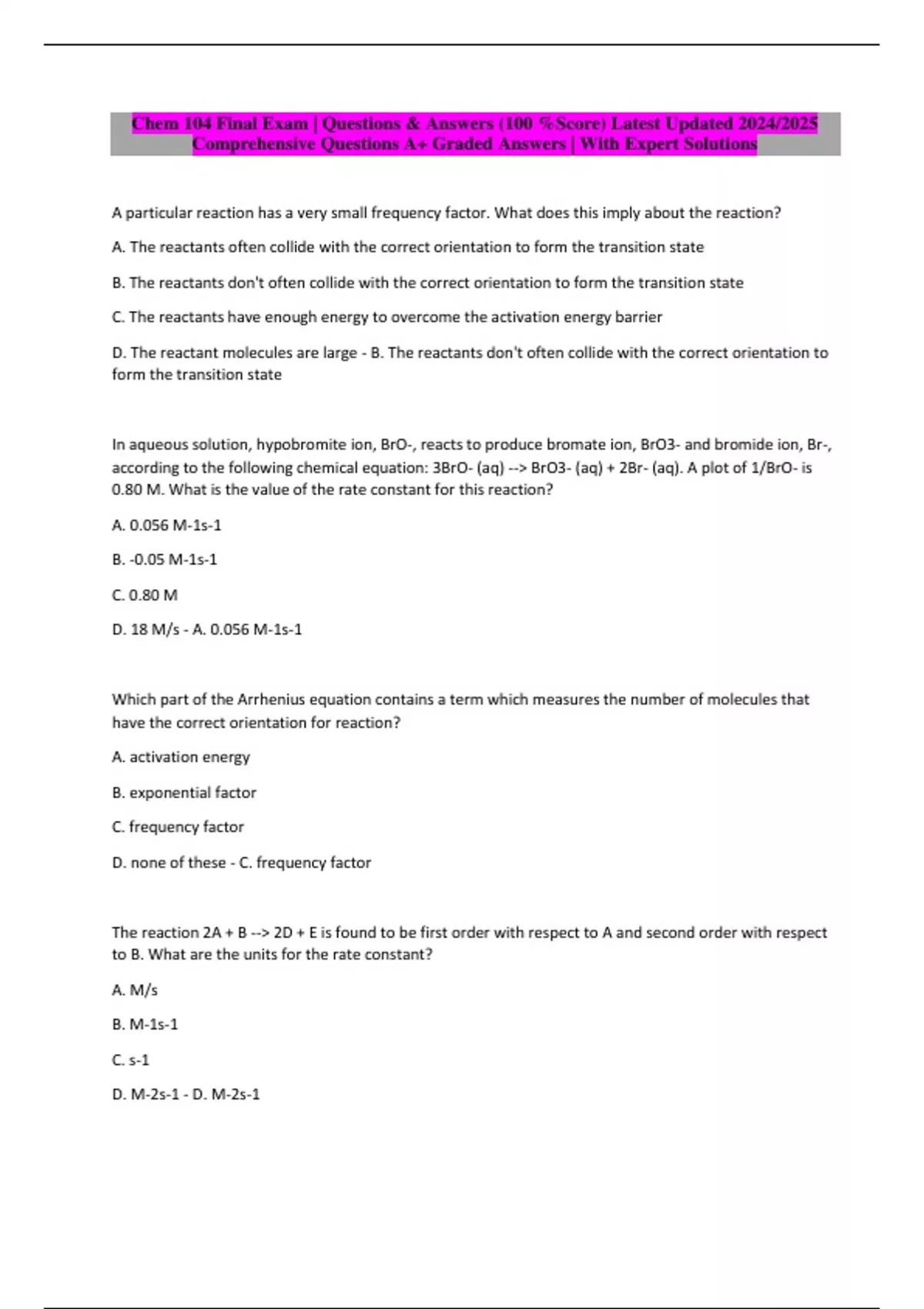 Chem 104 Final Exam | Questions & Answers (100 %Score) Latest Updated ...