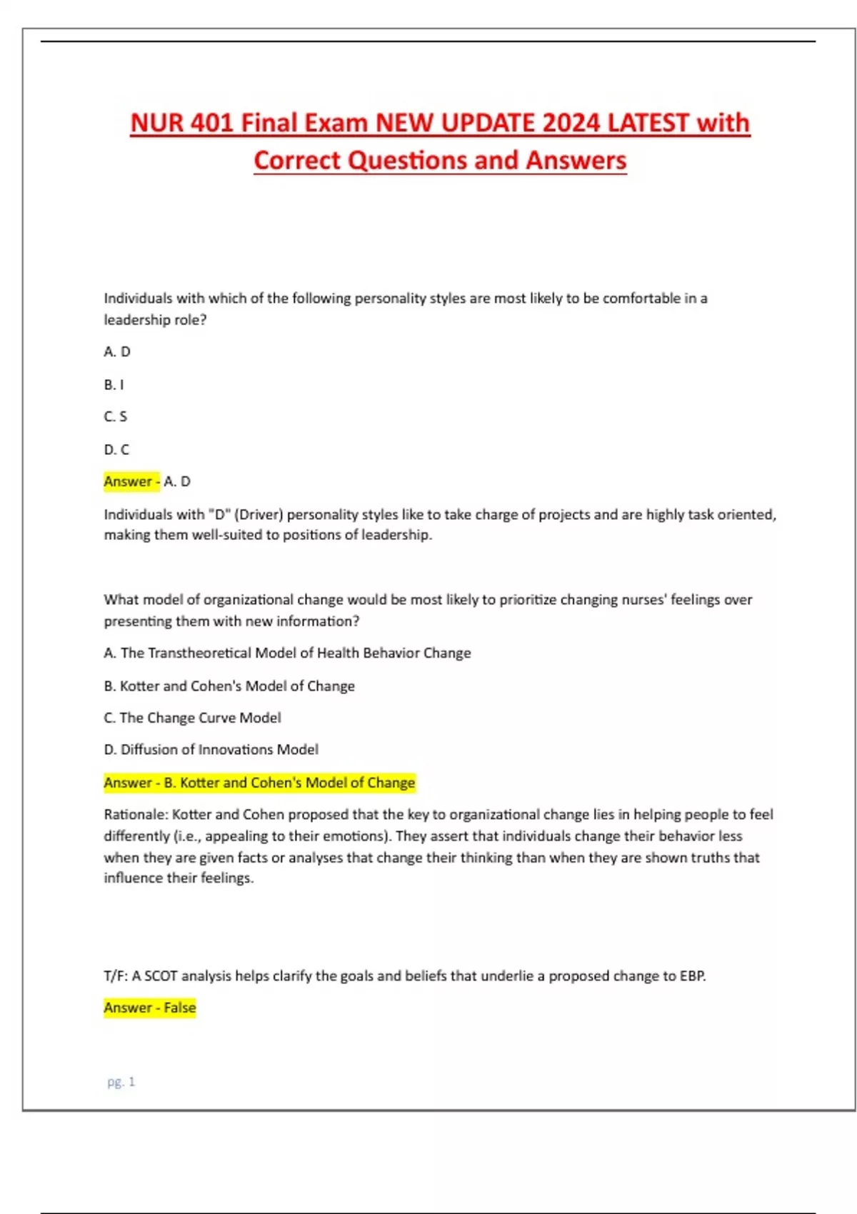 NUR 401 Final Exam NEW UPDATE 2024 LATEST with Correct Questions and ...