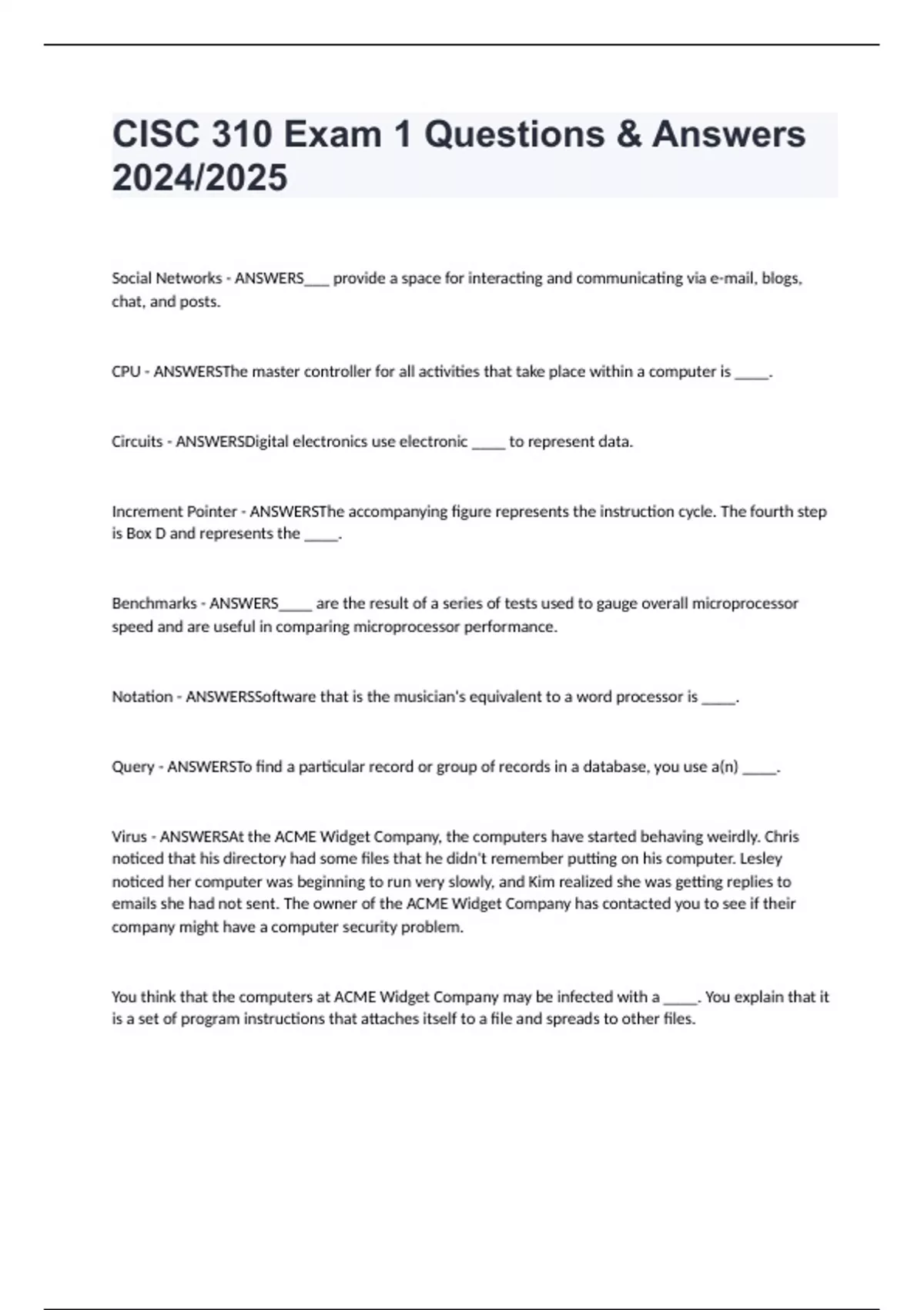 Cisc 310 Module 4 Html Assignment 1 CISC 310 Exam 1 Questions & Answers 2024/2025 - CISC 310 - Stuvia US