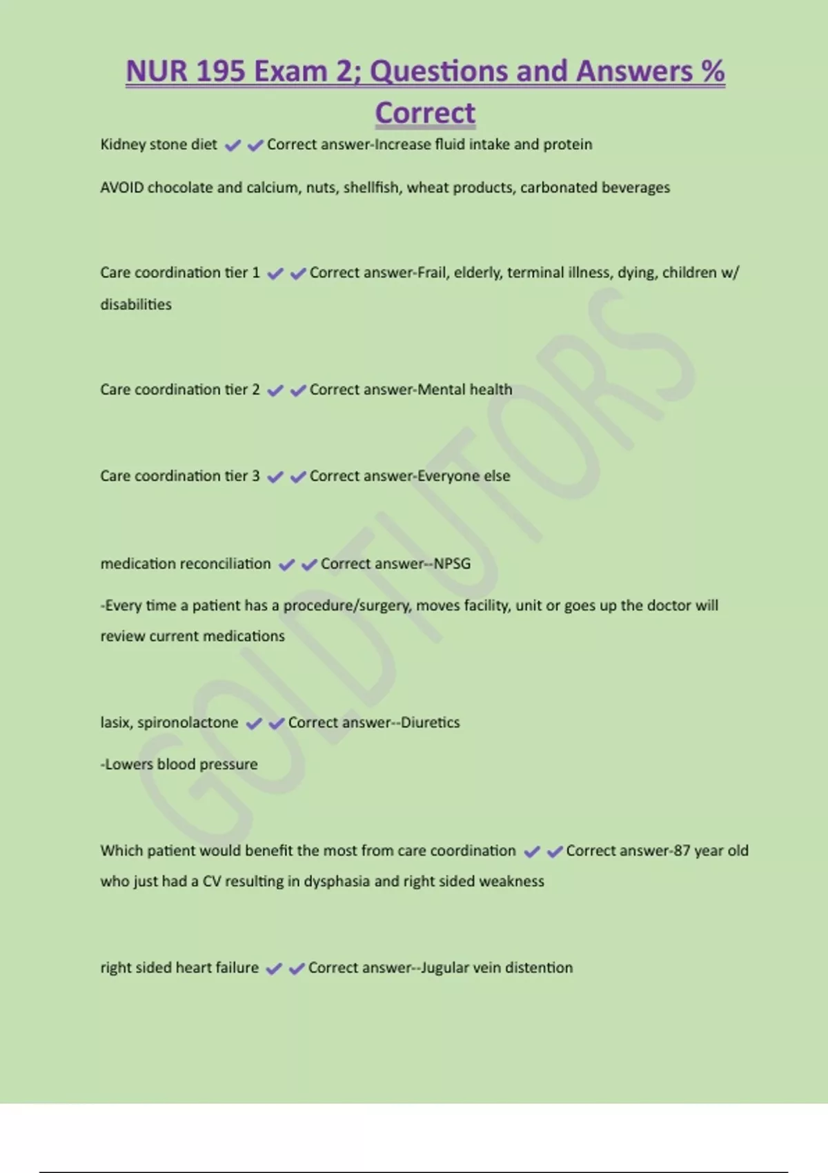 NUR 195 Exam 2; Questions and Answers % Correct - NUR195 - Stuvia US