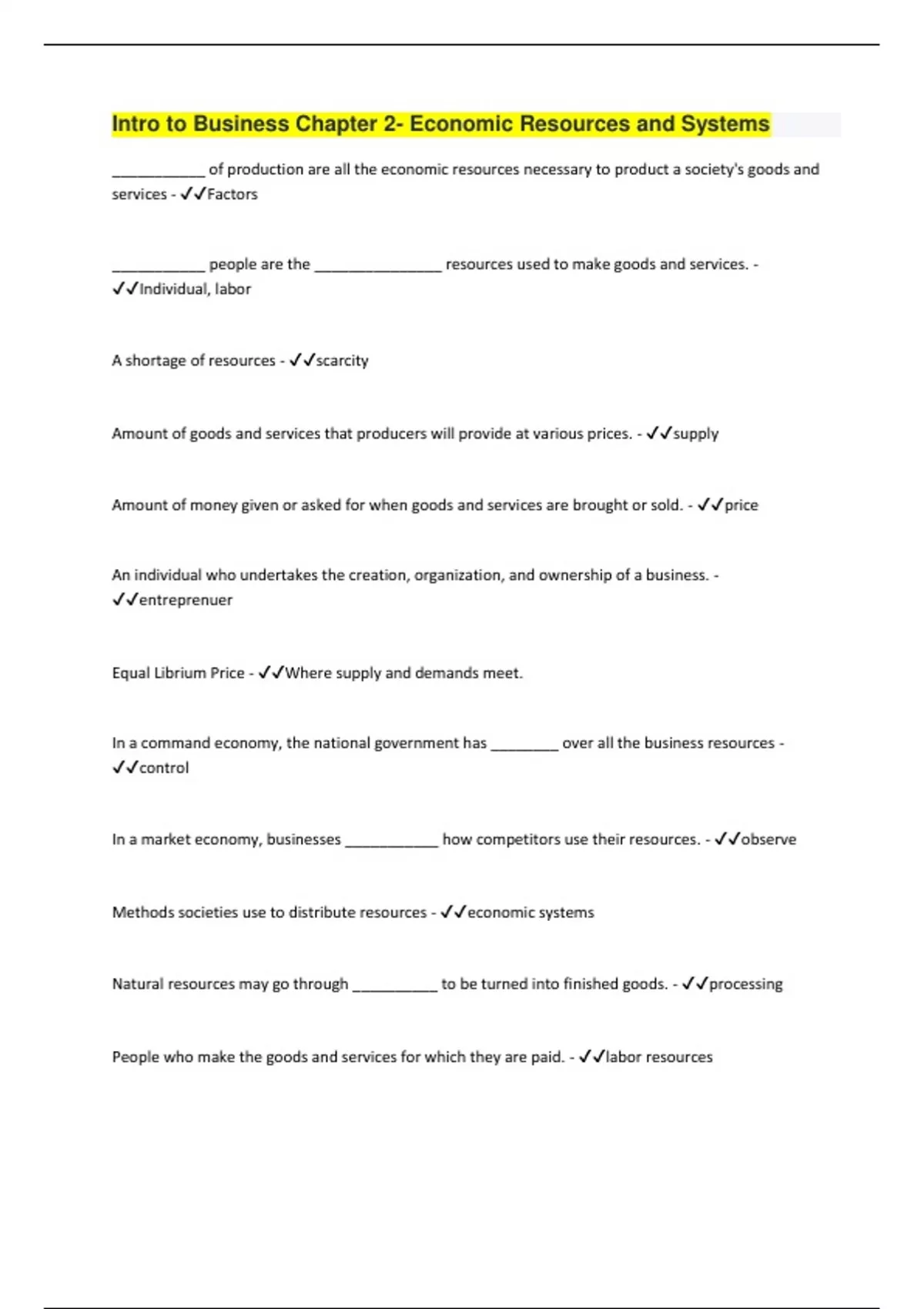 Intro to Business Chapter 2- Economic Resources and Systems questions ...