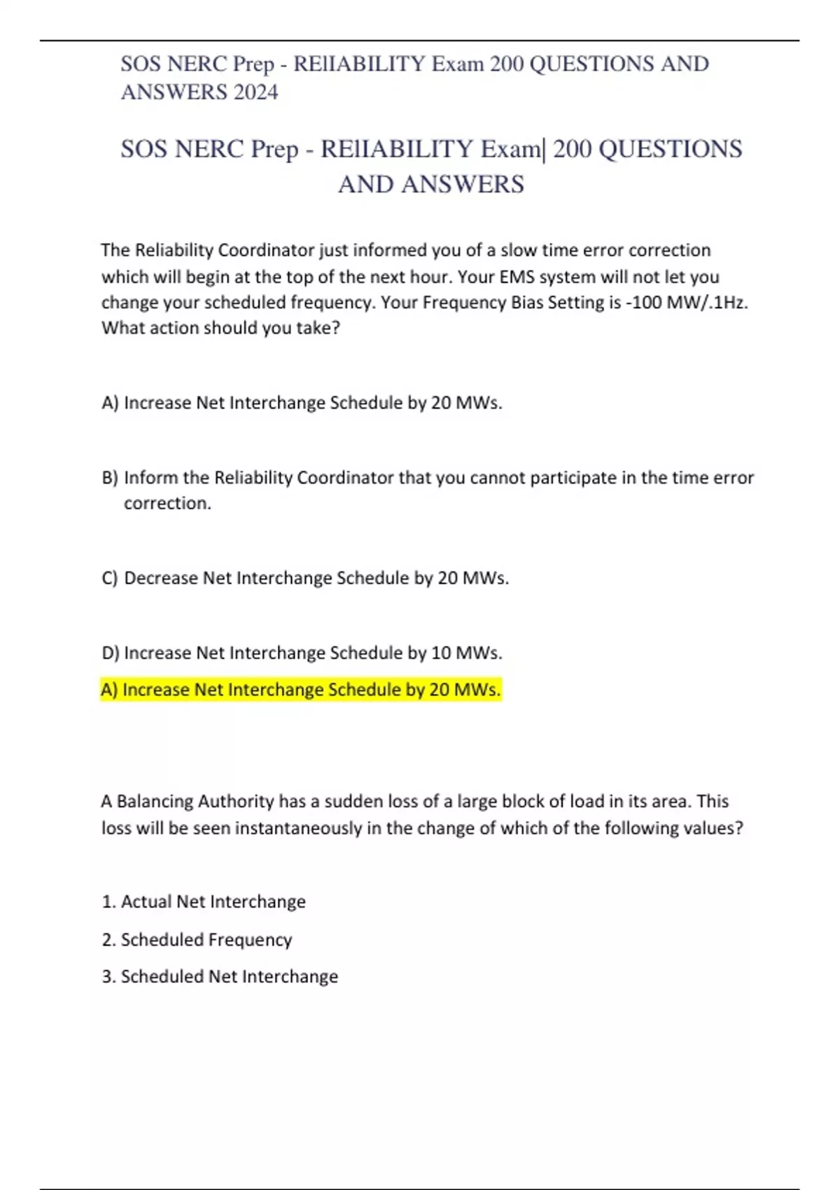 Reliability Exam Question SOS NERC Prep - RElIABILITY Exam 200 QUESTIONS AND ANSWERS 2024 - NERC ...