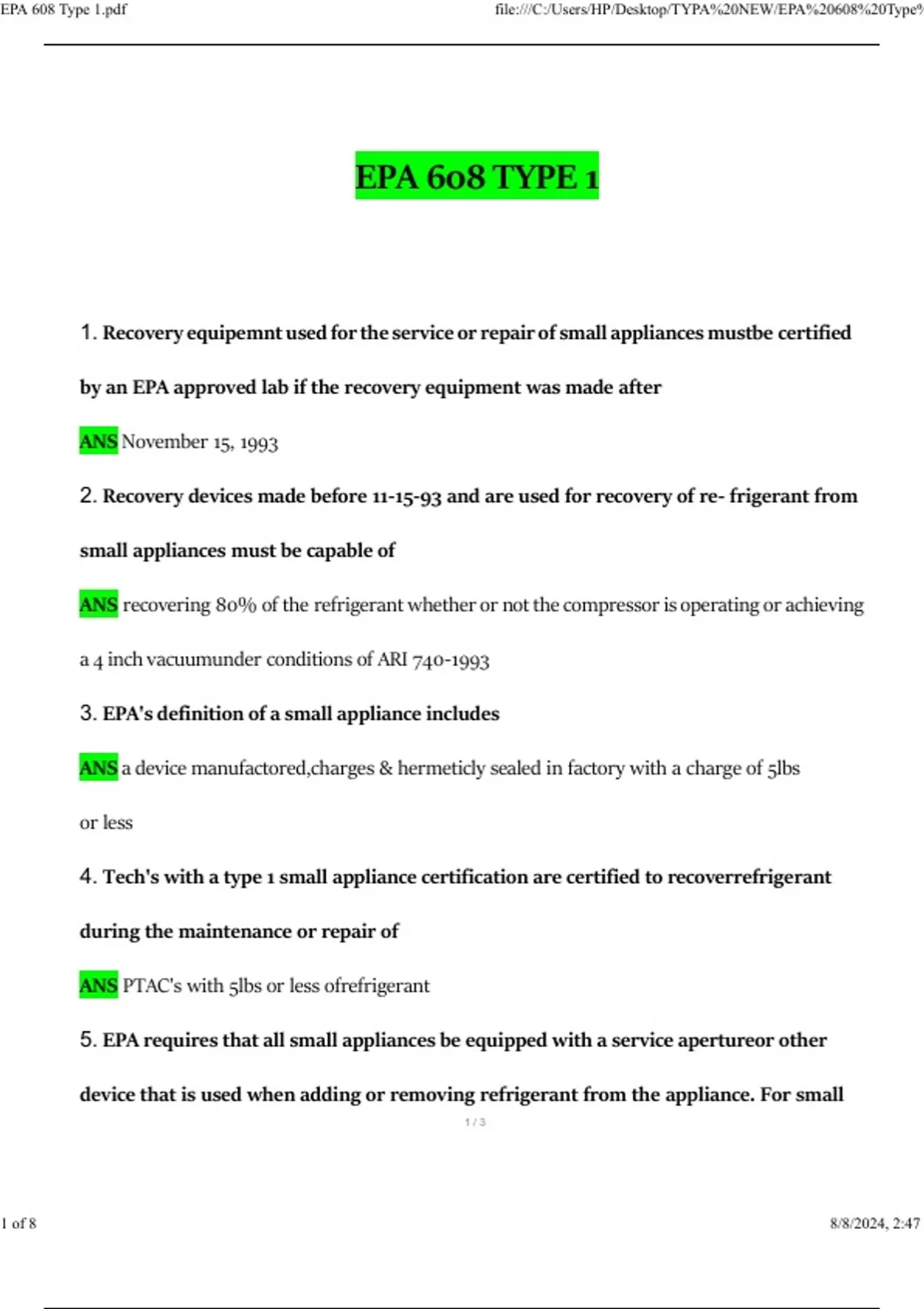 EPA 608 Type 1 With correct Answers 2025 Questions and Answers 2025 / ...