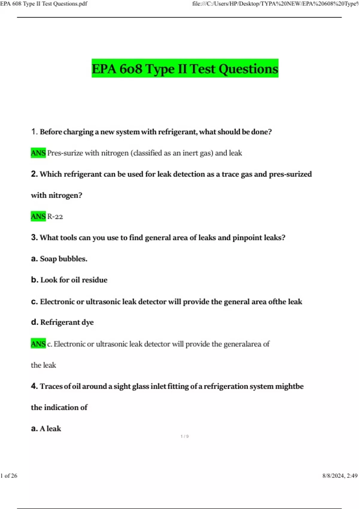 EPA 608 Type II Test with 100% correct answers 2025 Questions and ...