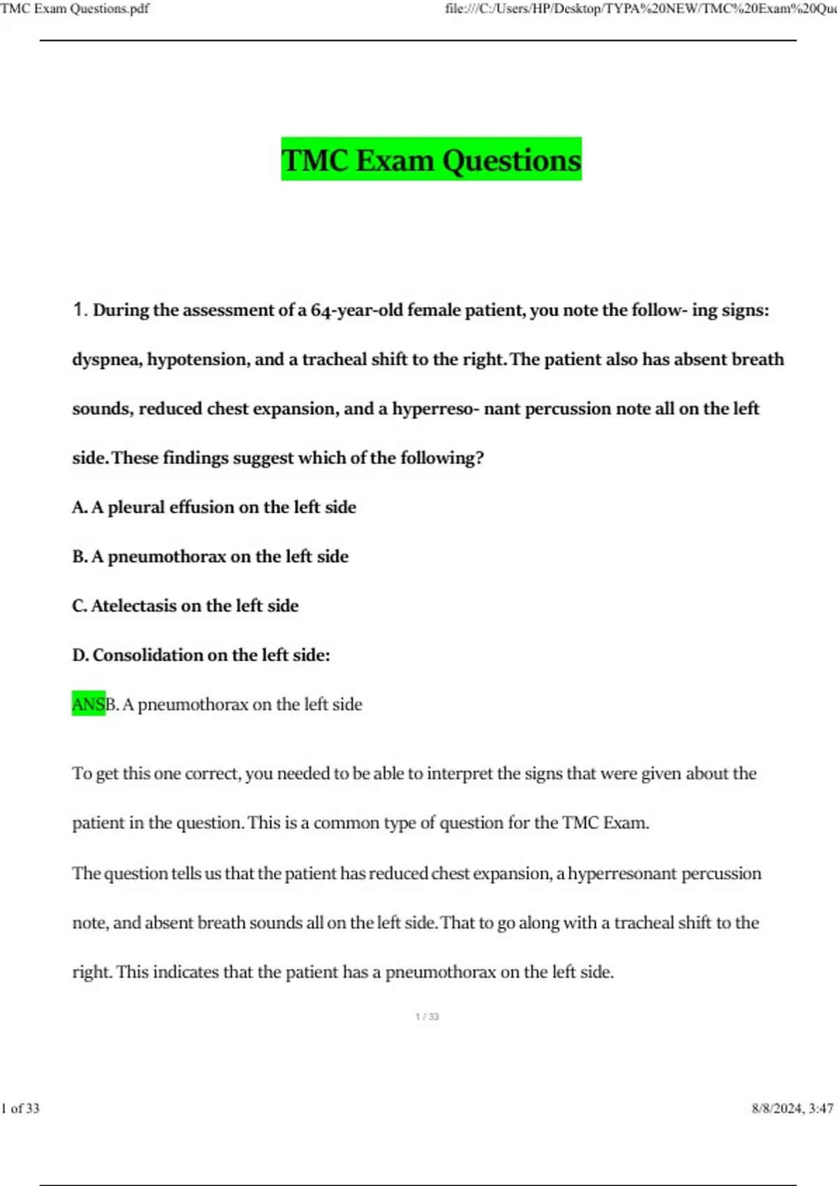 TMC Exam 2024 Questions and Answers 2024 / 2025 (Verified Answers by ...