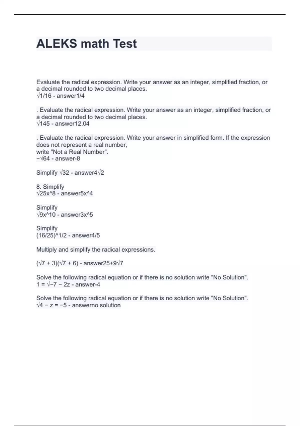 ALEKS math Test Questions and Answers - ALEKS - Stuvia US