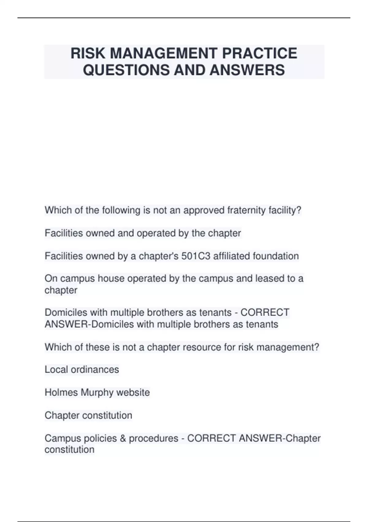 RISK MANAGEMENT PRACTICE QUESTIONS AND ANSWERS - Risk management ...