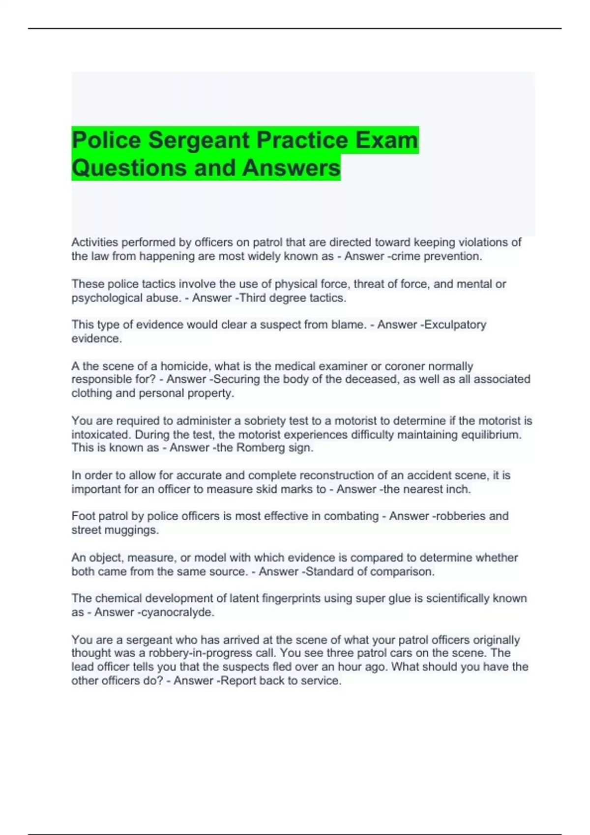 Police Sergeant Practice Exam Questions and Answers - Police Sergeant ...