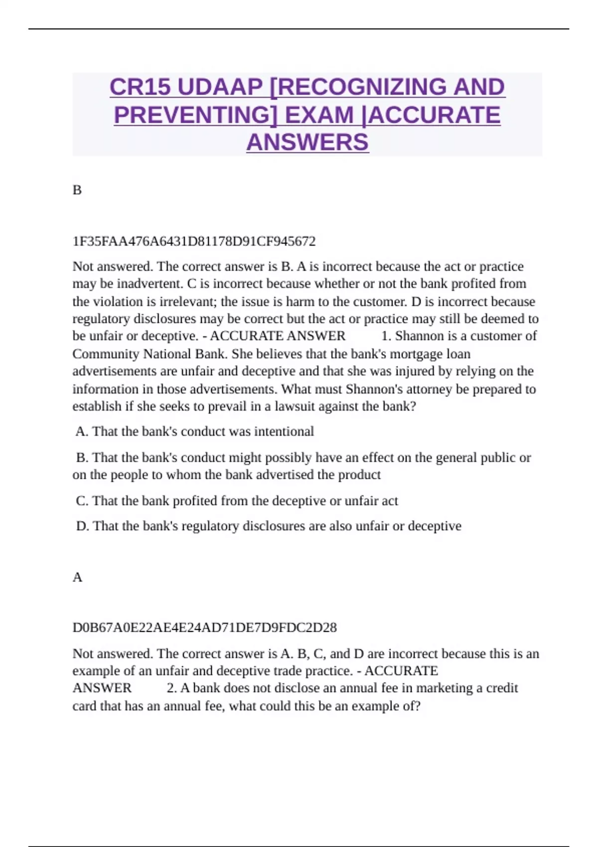 CR15 UDAAP [RECOGNIZING AND PREVENTING] EXAM |ACCURATE ANSWERS - CR15 ...
