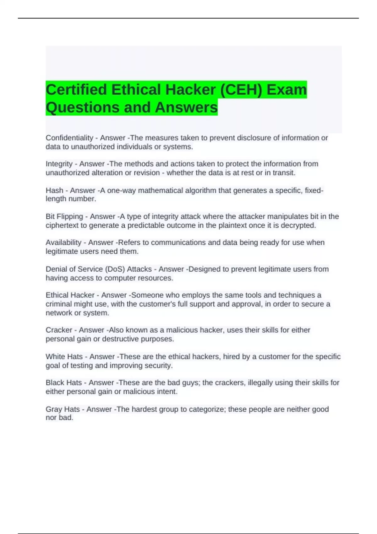 Certified Ethical Hacker (CEH) Exam Questions and Answers - CEH v12 ...