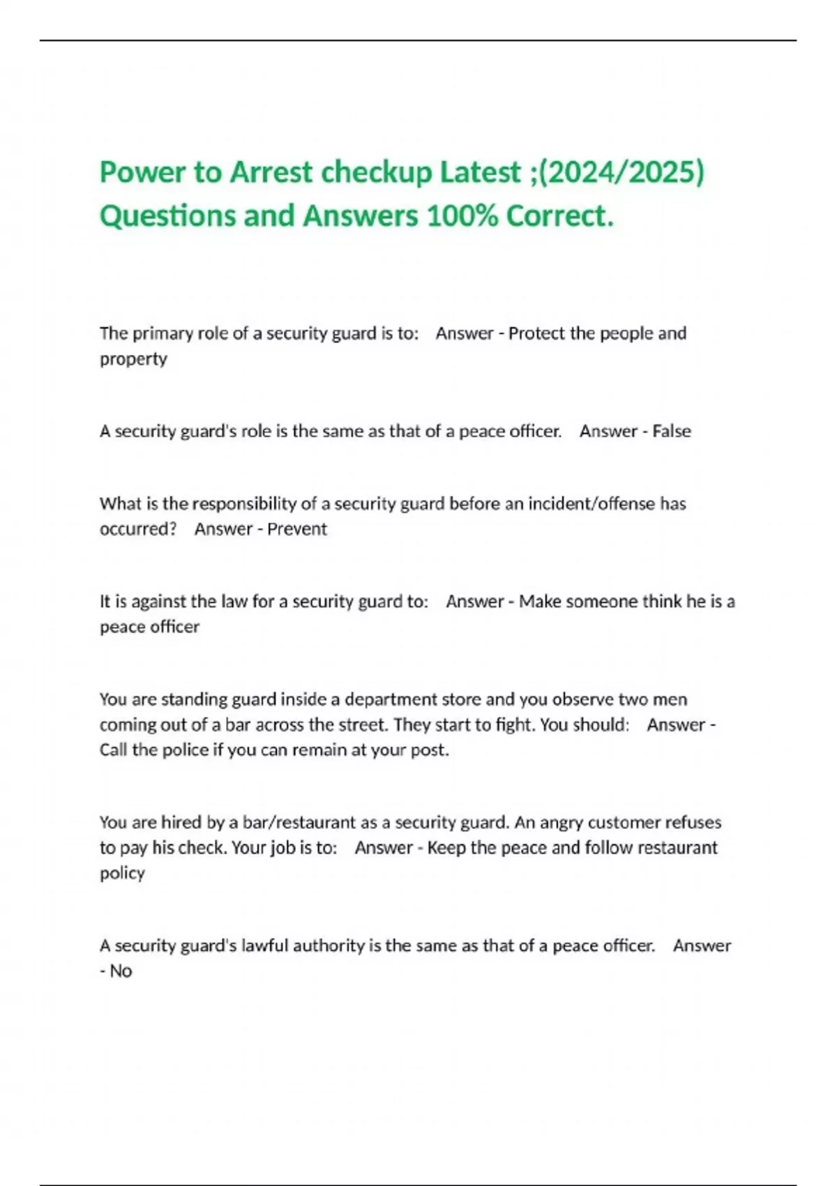 Power to Arrest checkup Latest ;(2024/2025) Questions and Answers 100% ...
