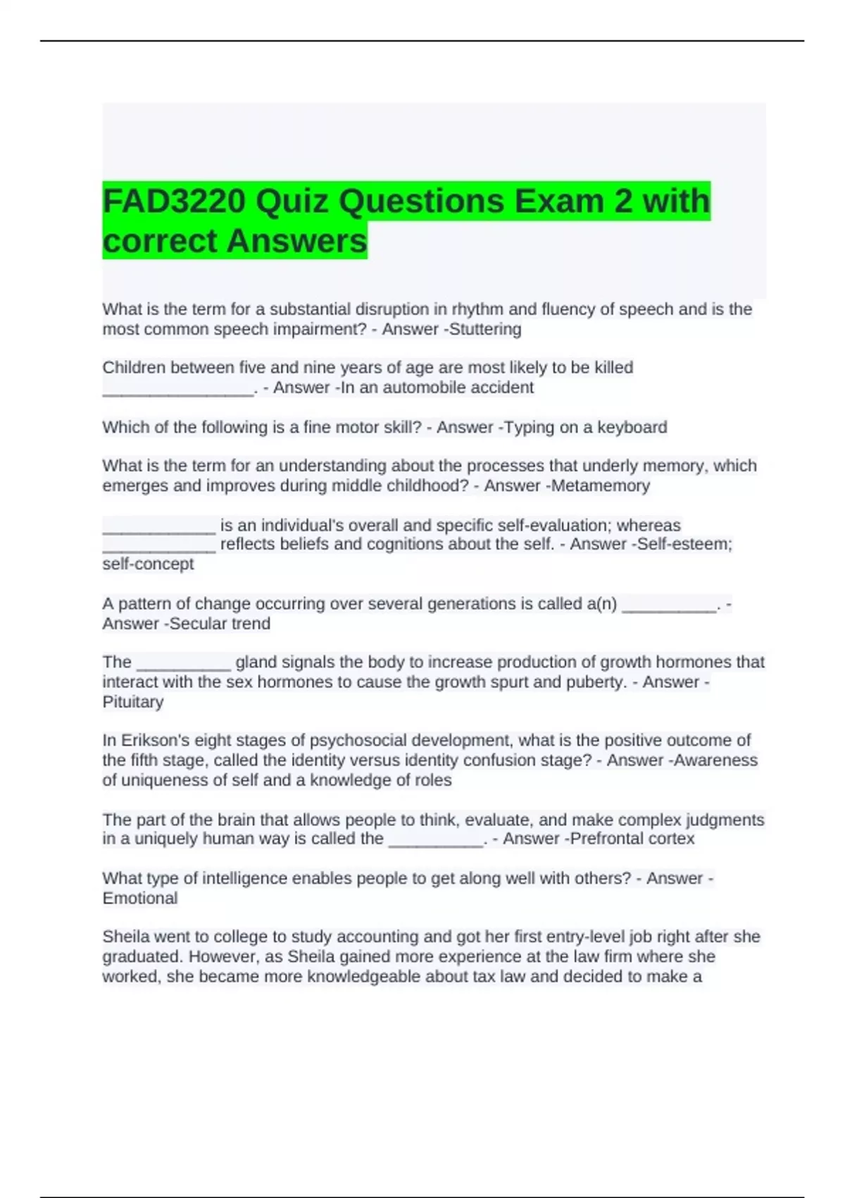 FAD3220 Quiz Questions Exam 2 with correct Answers - FAD3220 - Stuvia US