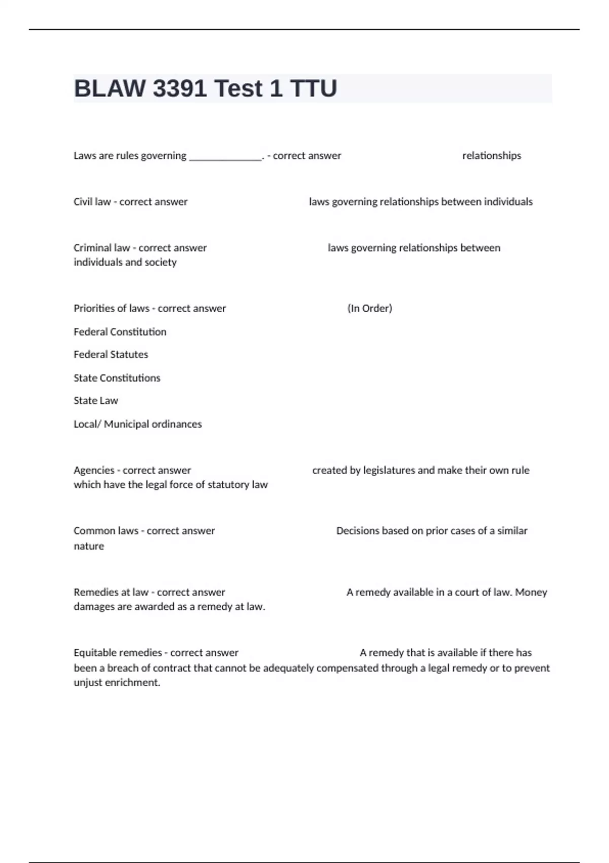 BLAW 3391 Test 1 TTU Actual Full Exam Questions With Correct Answers ...