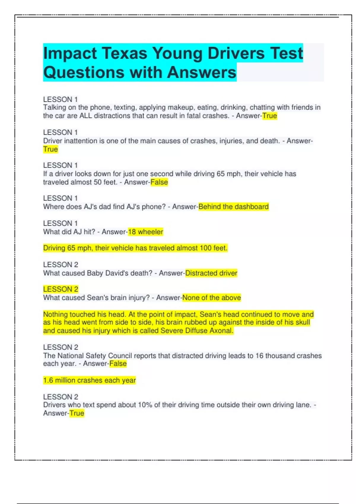 Impact Texas Young Drivers Test Questions with Answers Impact Texas