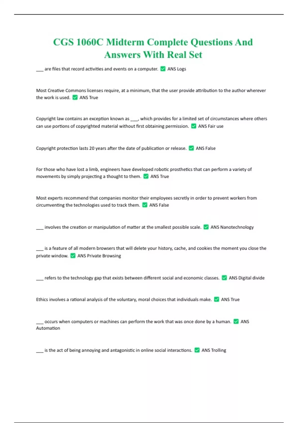 CGS 1060C Midterm Complete Questions And Answers With Real Set - CGS ...