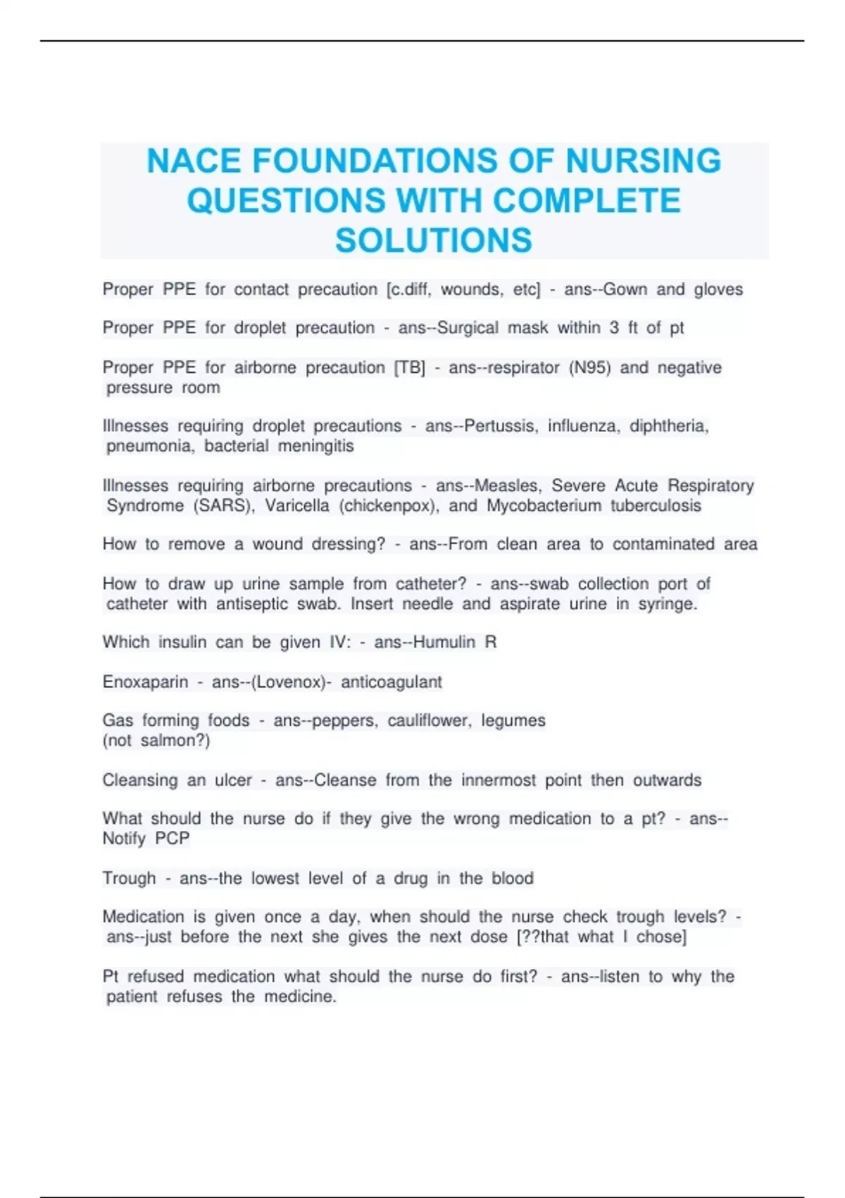 NACE FOUNDATIONS OF NURSING QUESTIONS WITH COMPLETE SOLUTIONS - Nursing ...
