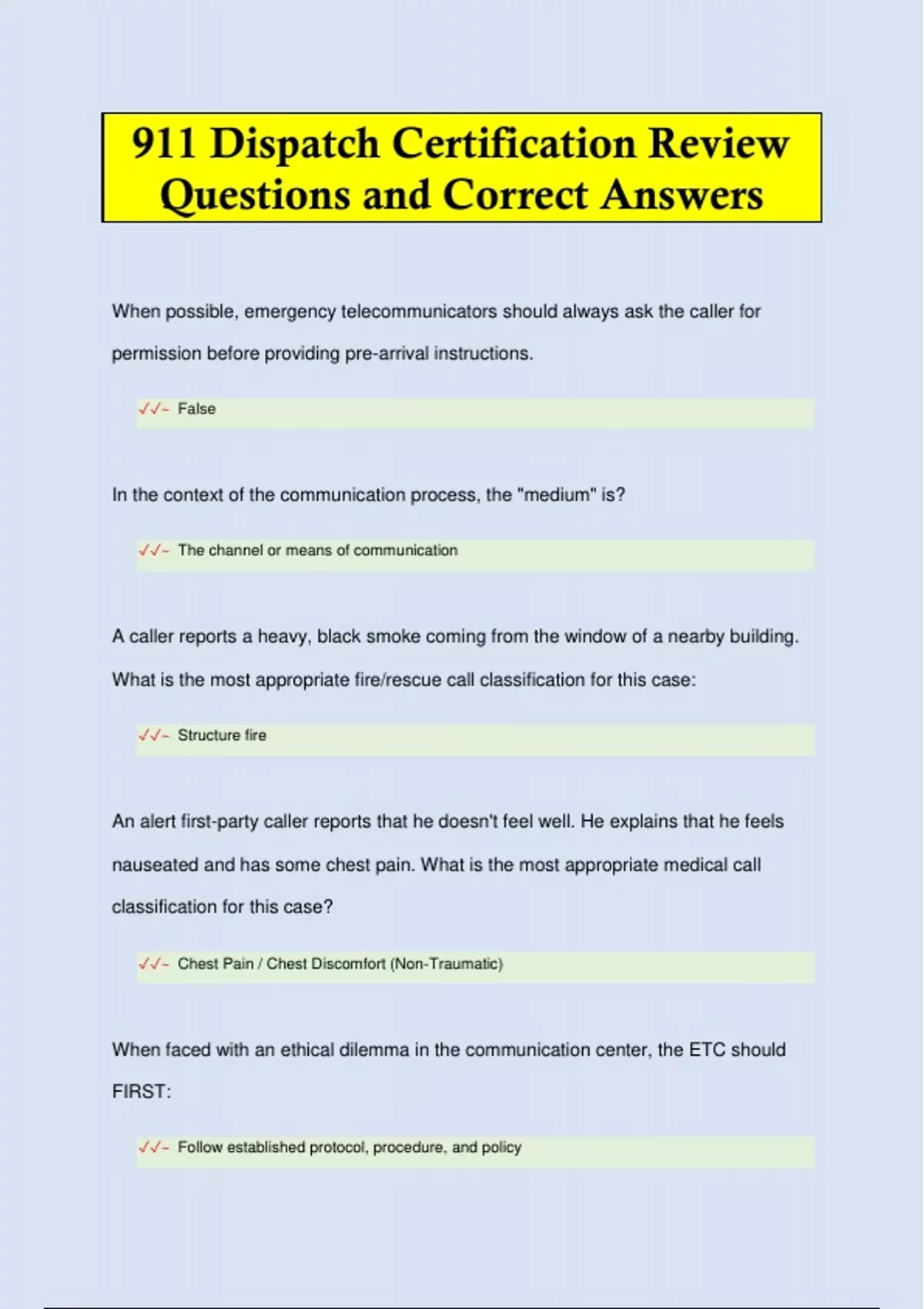 911 Dispatch Certification Review Questions and Correct Answers ...