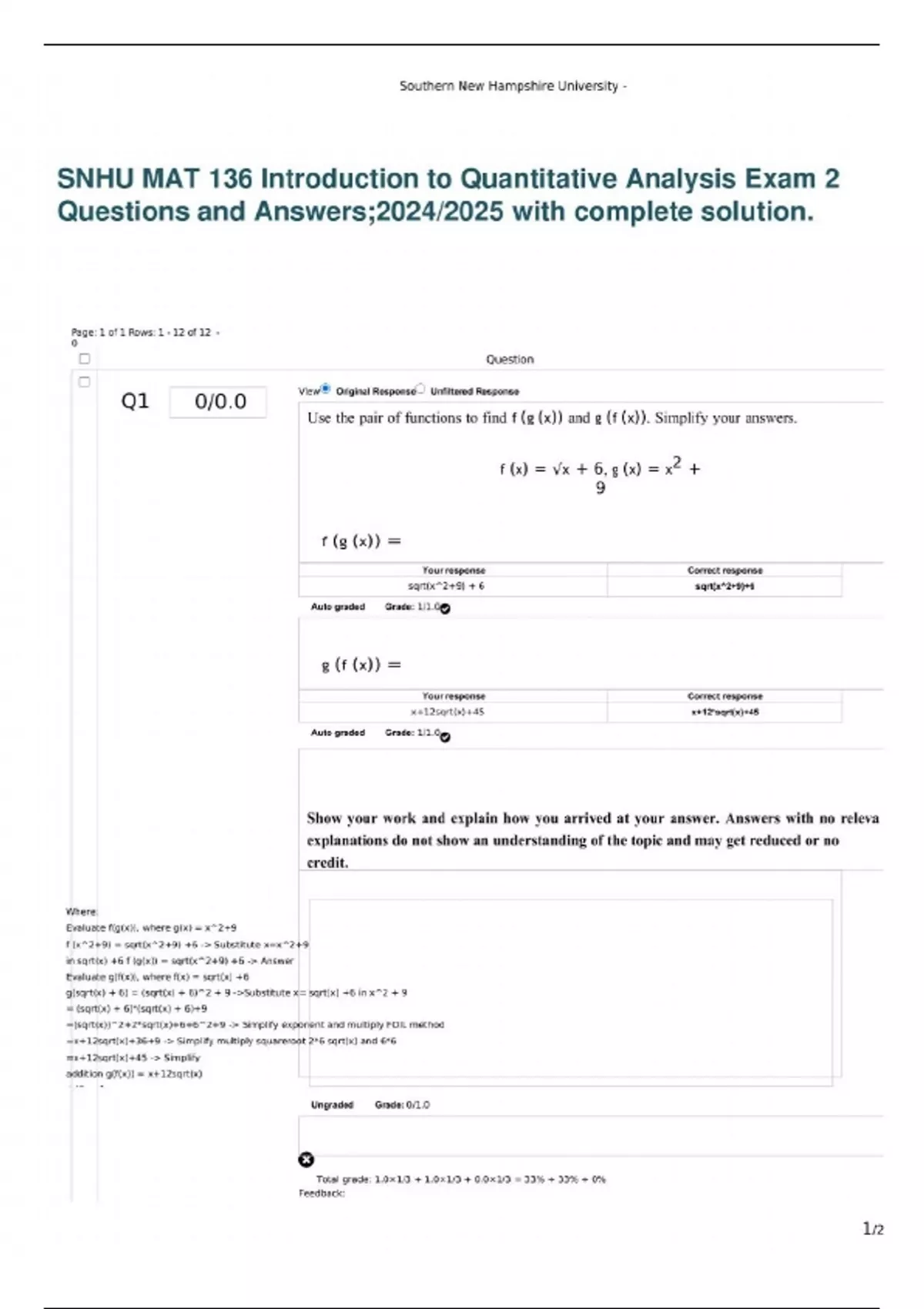 SNHU MAT 136 Introduction to Quantitative Analysis Exam 2 Questions and ...
