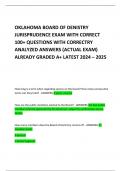 OKLAHOMA BOARD OF DENISTRY JURISPRUDENCE EXAM WITH CORRECT 100&plus; QUESTIONS WITH CORRECTRY ANALYZED ANSWERS &lpar;ACTUAL EXAM&rpar; ALREADY GRADED A&plus; LATEST 2024 &ndash; 2025   