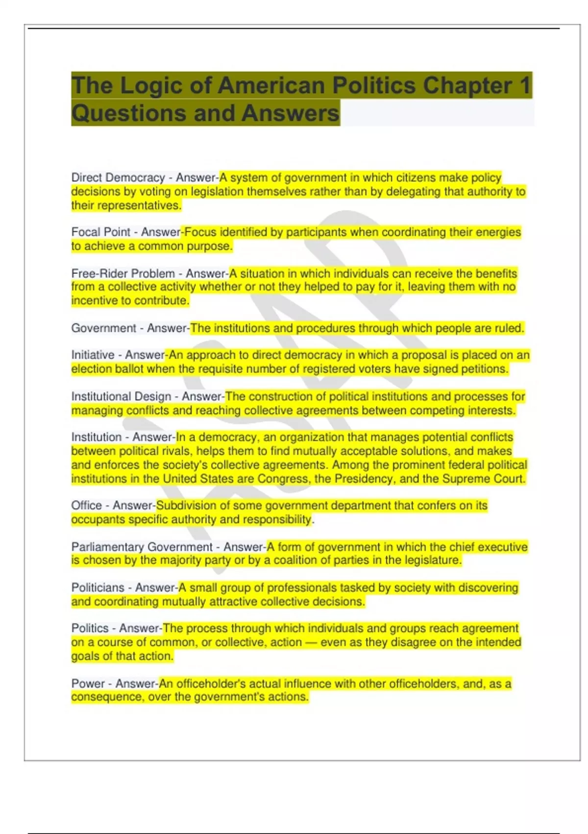 The Logic of American Politics Chapter 1 Questions and Answers - The ...