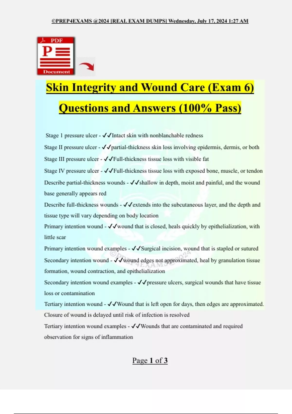 Skin Integrity and Wound Care (Exam 6) Questions and Answers (100% Pass ...