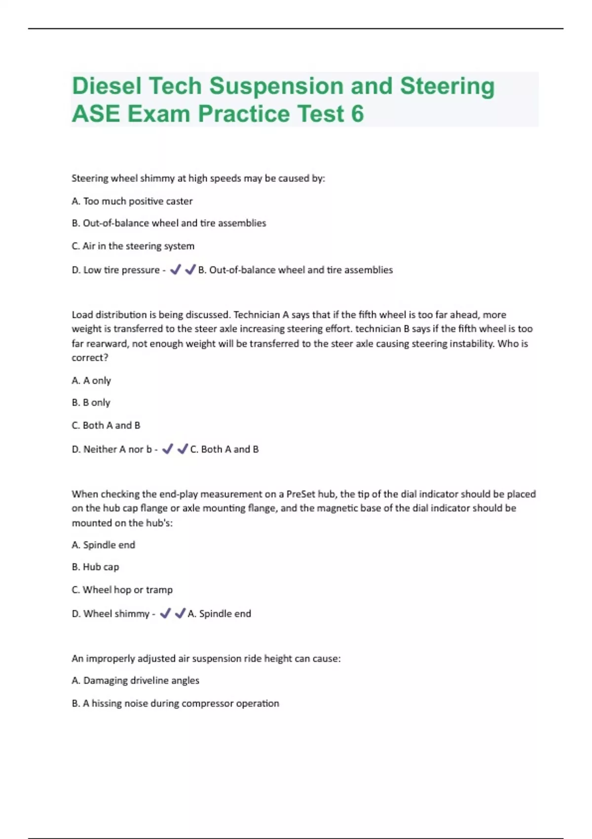 Diesel Tech Suspension and Steering ASE Exam Practice Test 6 Updated ...
