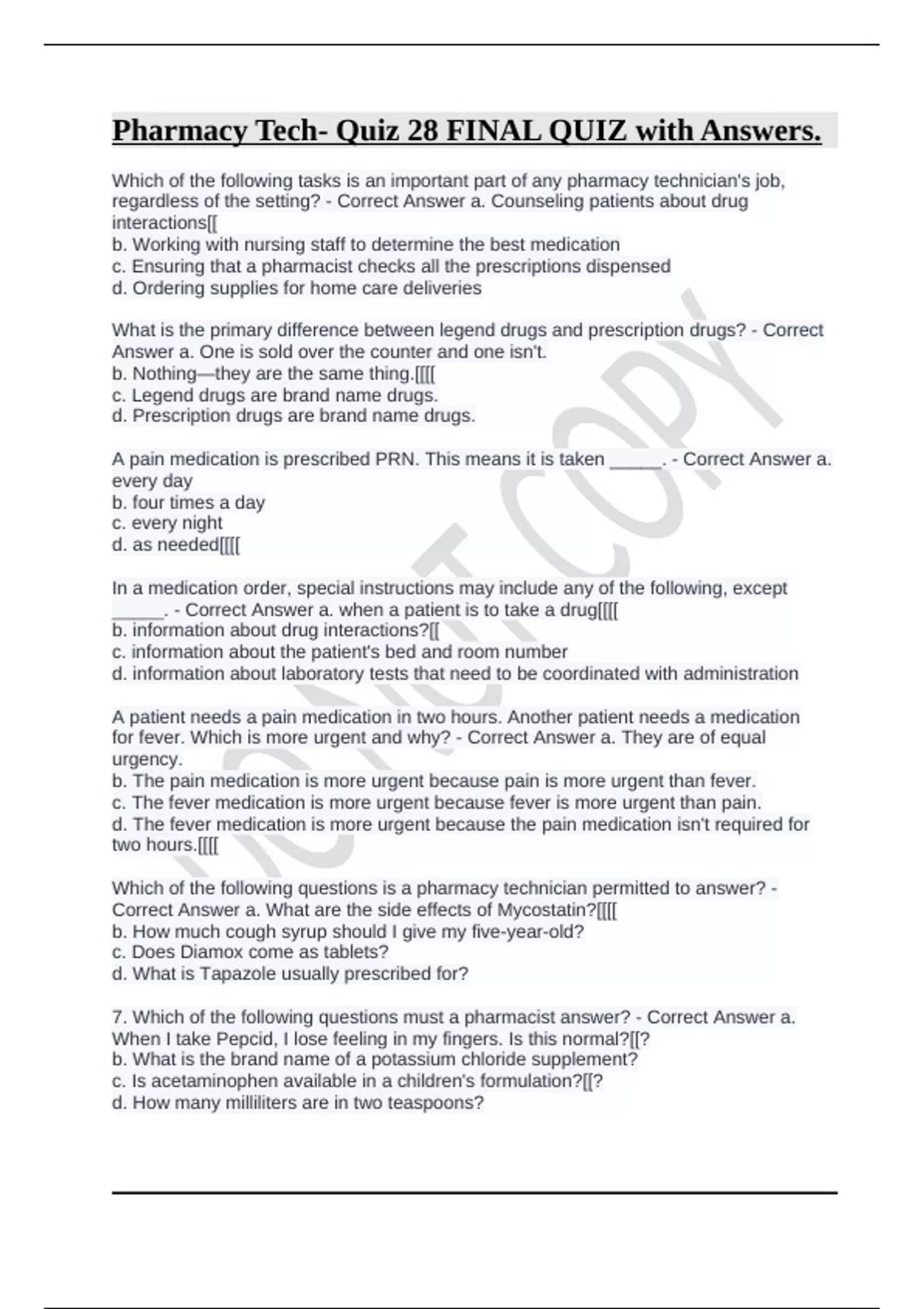 Pharmacy Tech- Quiz 28 FINAL QUIZ with Answers. - Pharmacy tech - Stuvia US