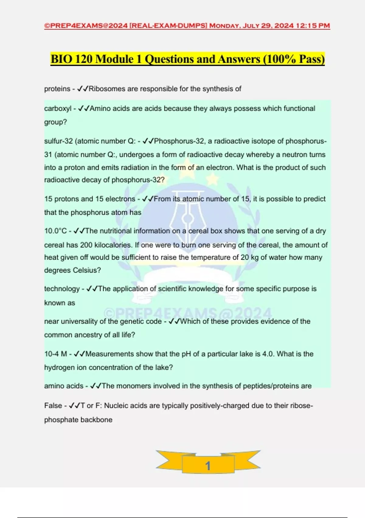 BIO 120 Module 1 Questions and Answers (100% Pass) - BIO 120 - Stuvia US