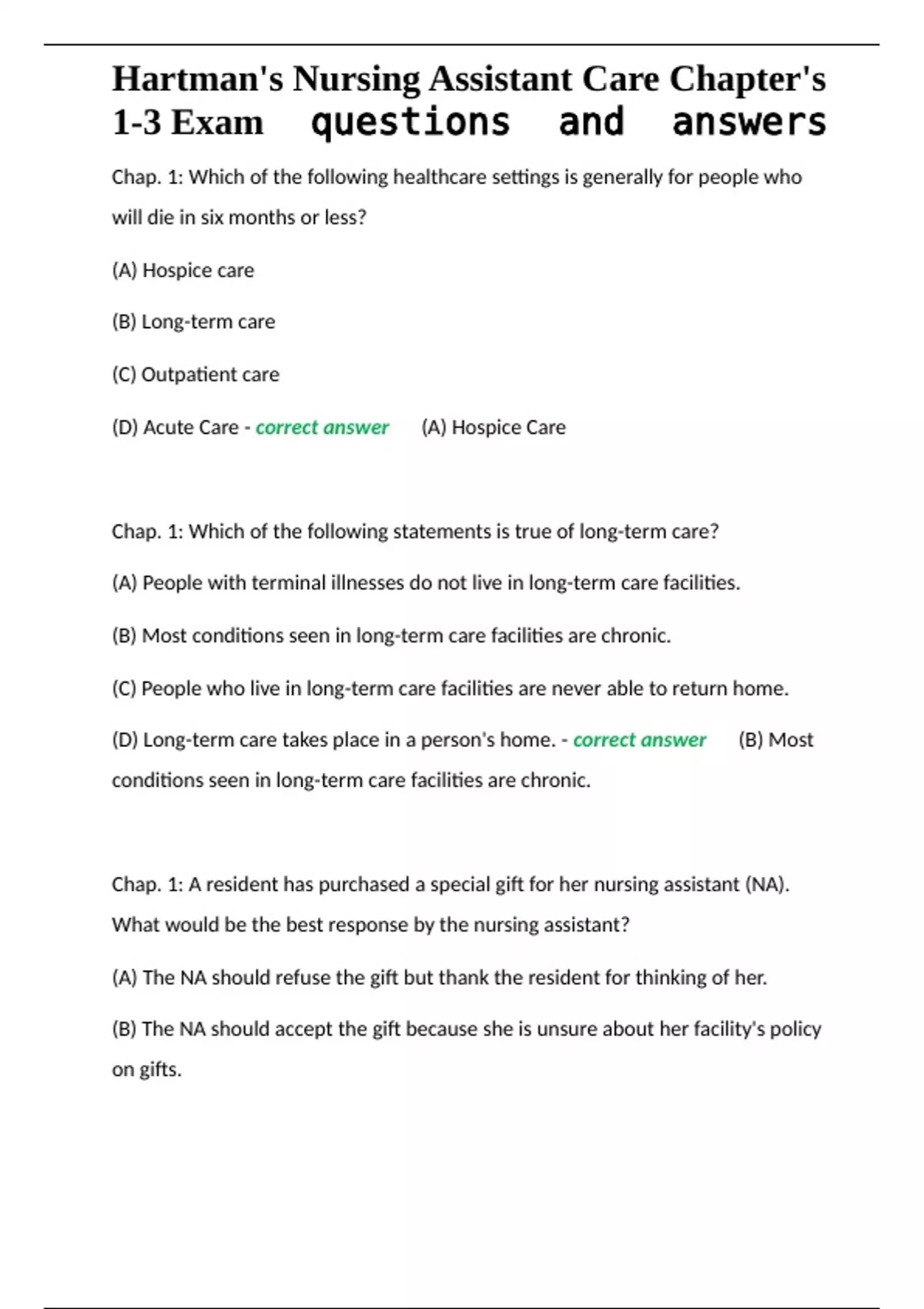 Hartman's Nursing Assistant Care Chapter's 1-3 Exam questions and ...
