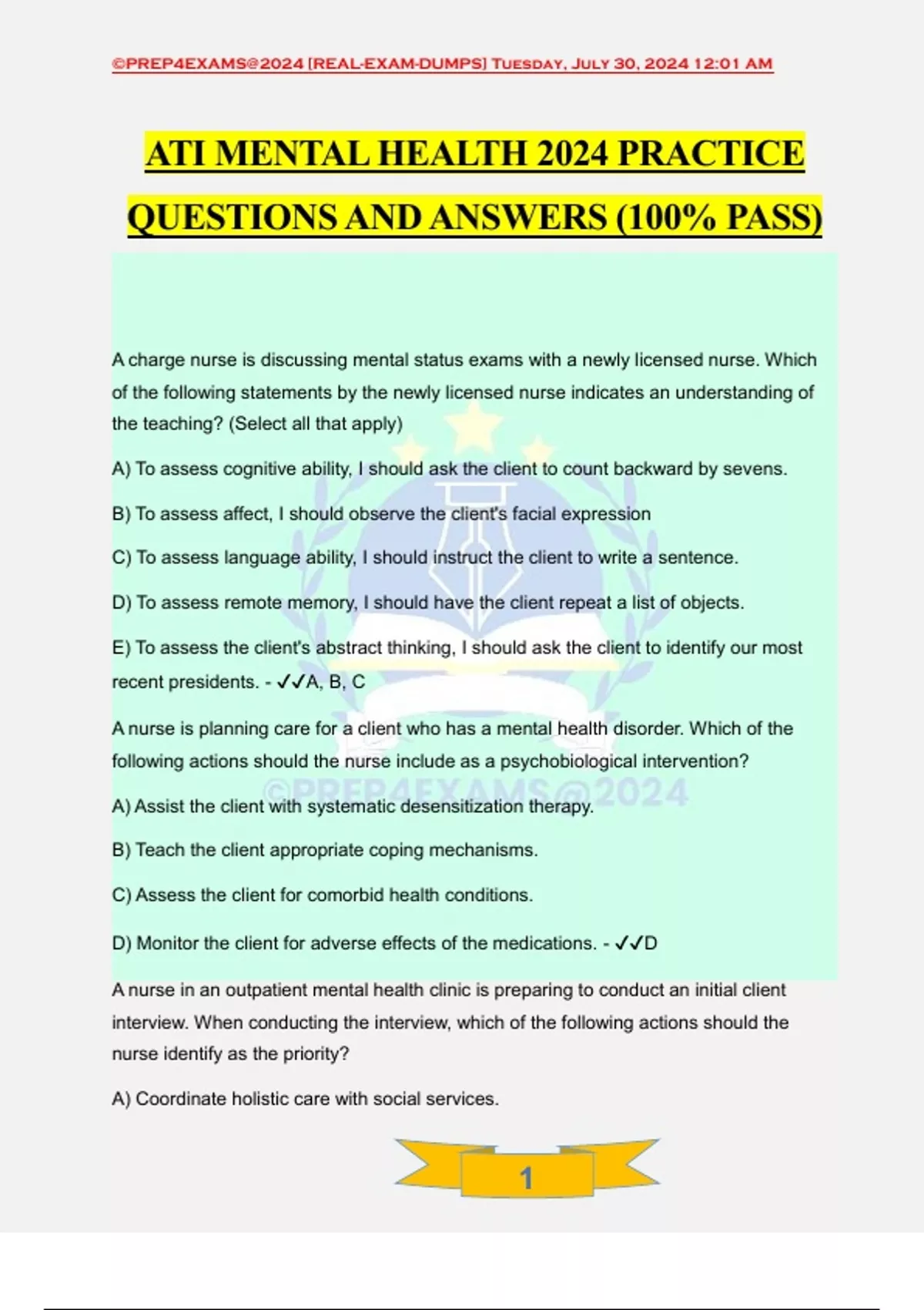ATI MENTAL HEALTH 2024 PRACTICE QUESTIONS AND ANSWERS (100% PASS) - ATI ...
