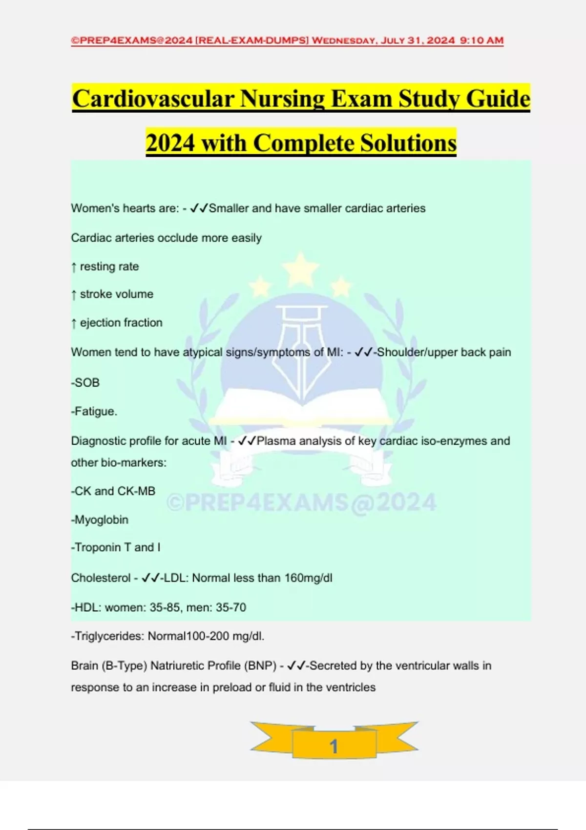 Cardiovascular Nursing Exam Study Guide 2024 with Complete Solutions ...