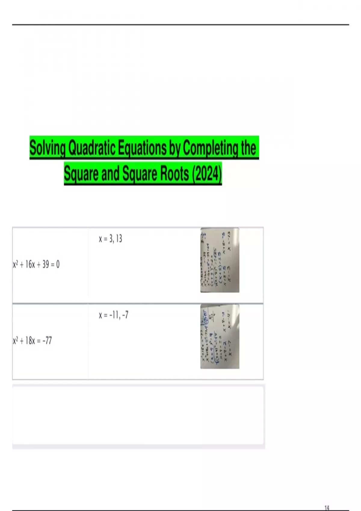 Solving Quadratic Equations by Completing the Square and Square Roots ...