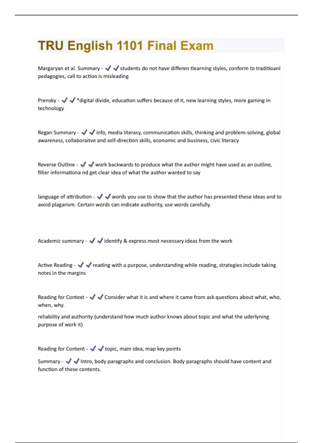 TRU English 1101 Final Exam (Questions & Answers) Rated 100% Correct ...