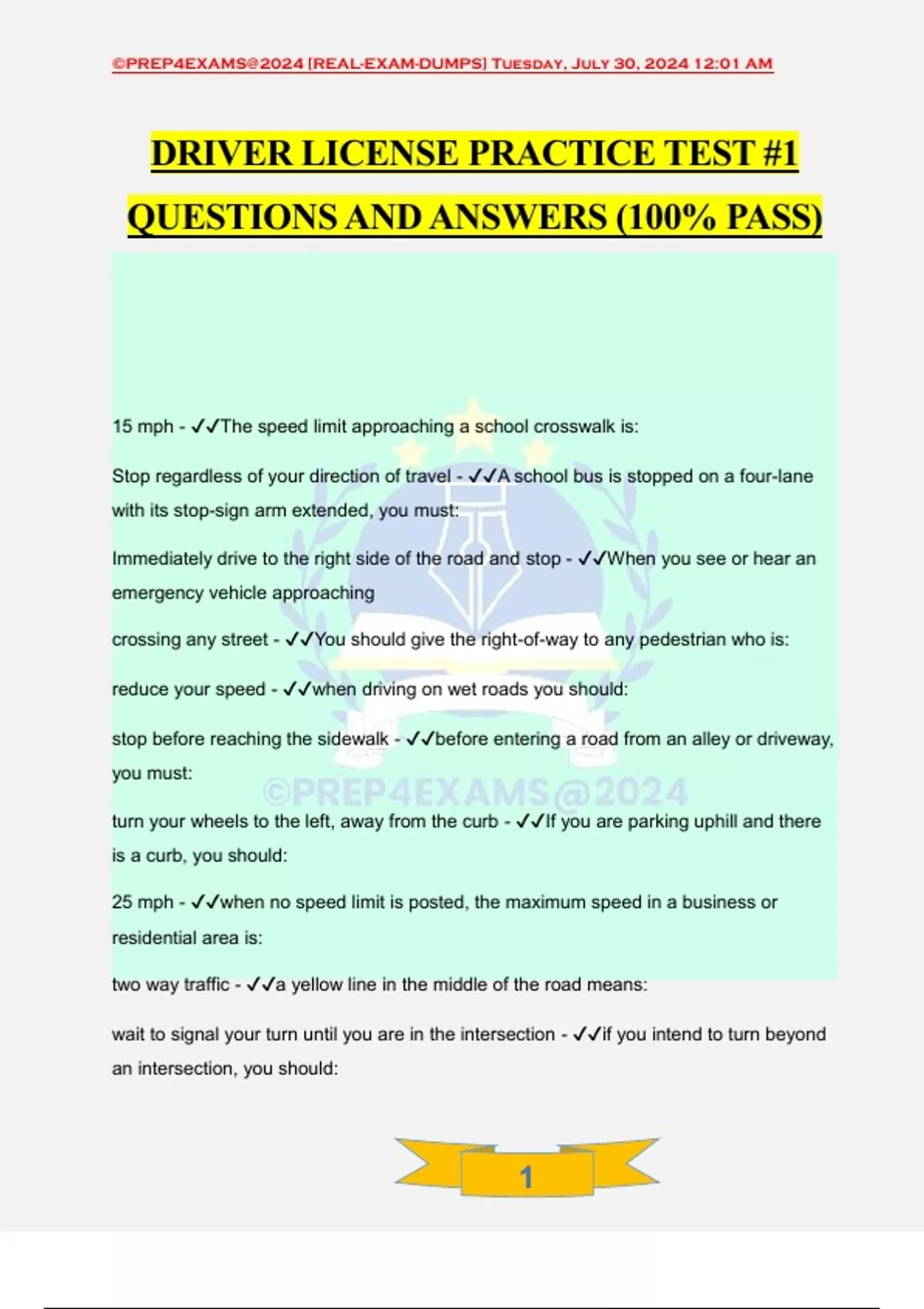 DRIVER LICENSE PRACTICE TEST #1 QUESTIONS AND ANSWERS (100% PASS ...