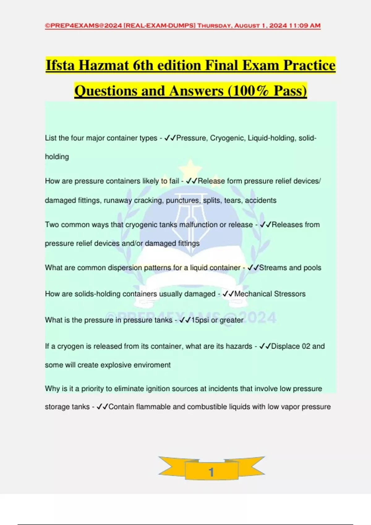Ifsta Hazmat 6th edition Final Exam Practice Questions and Answers (100% Pass) - IFSTA - Stuvia US
