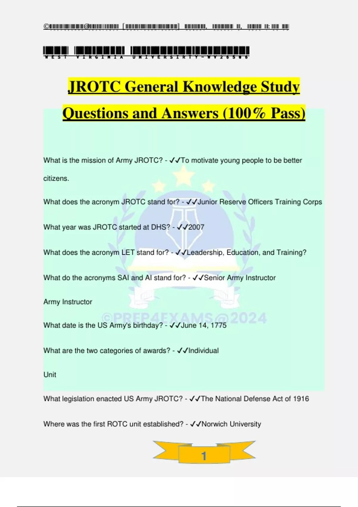 JROTC General Knowledge Study Questions and Answers (100% Pass) - JROTC ...