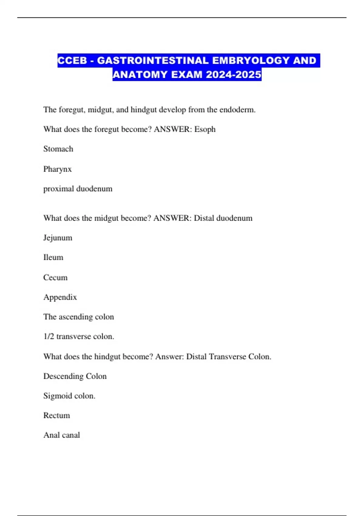 CCEB - GASTROINTESTINAL EMBRYOLOGY AND ANATOMY EXAM - CCEB ...