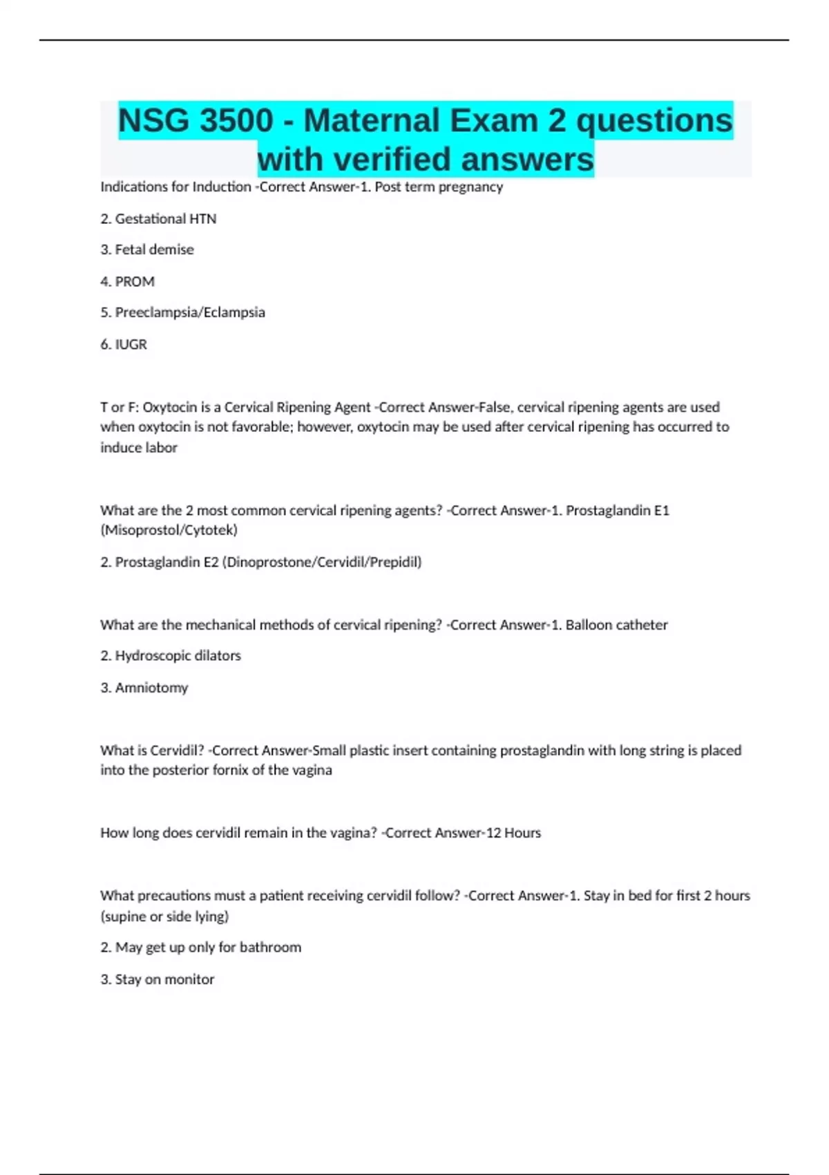 NSG 3500 - Maternal Exam 2 questions with verified answers - NSG 3500 ...