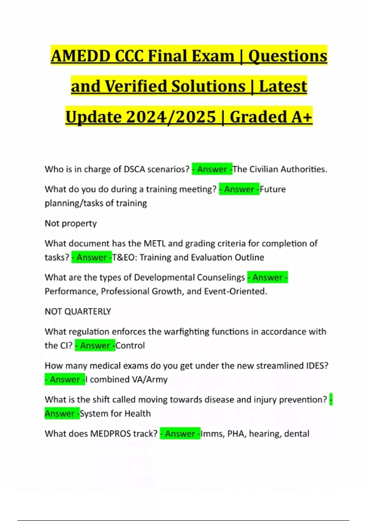 AMEDD CCC Final Exam | Questions and Verified Solutions | Latest Update ...