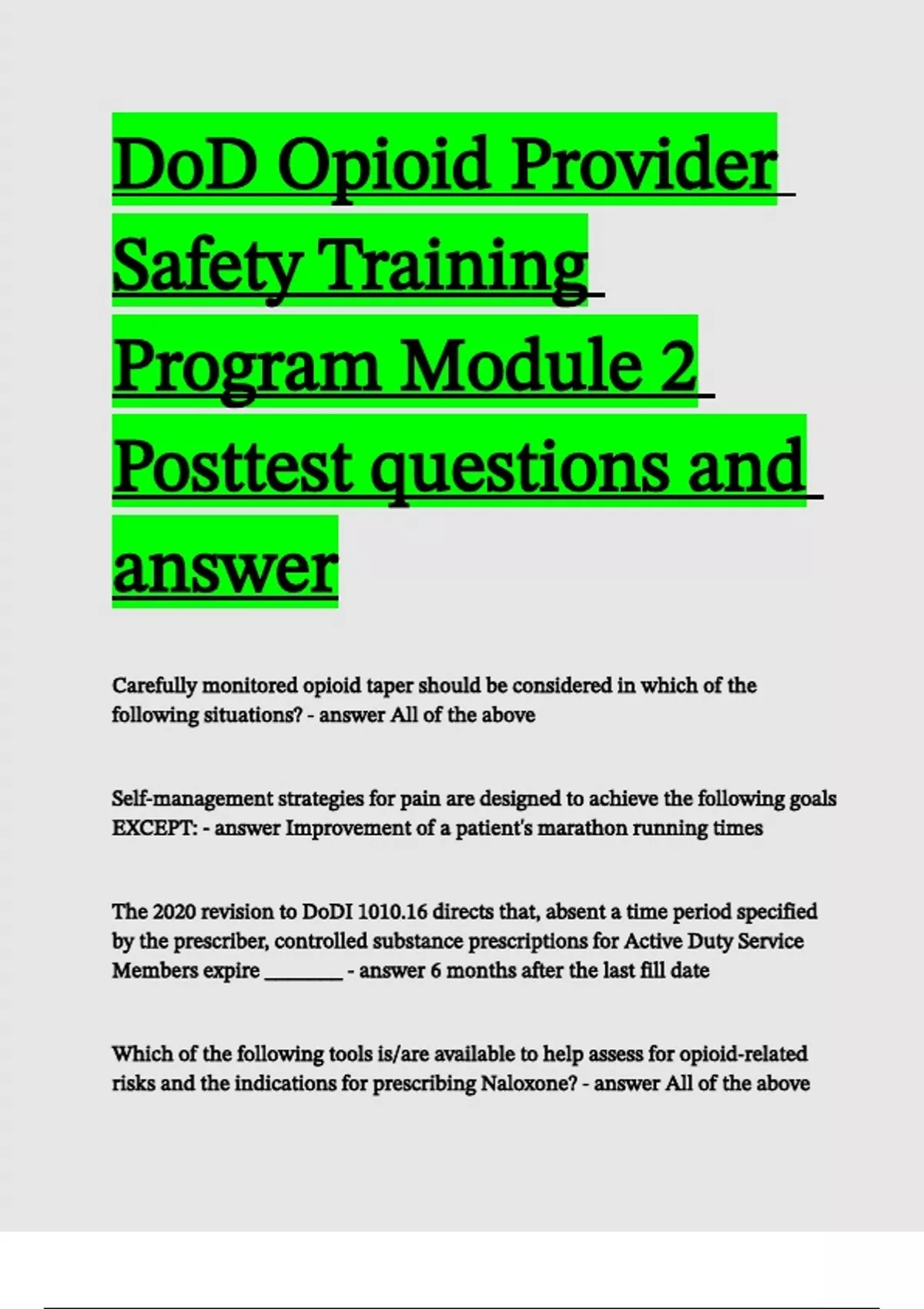 DoD Opioid Provider Safety Training Program Module 2 Posttest questions ...