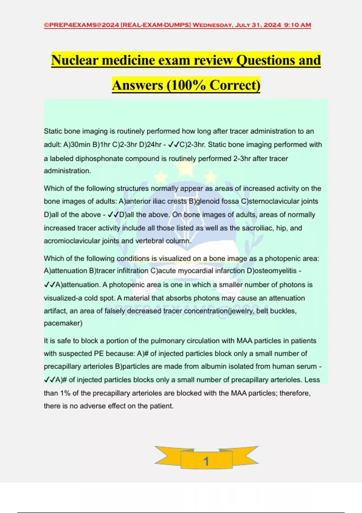 Nuclear medicine exam review Questions and Answers (100% Correct ...