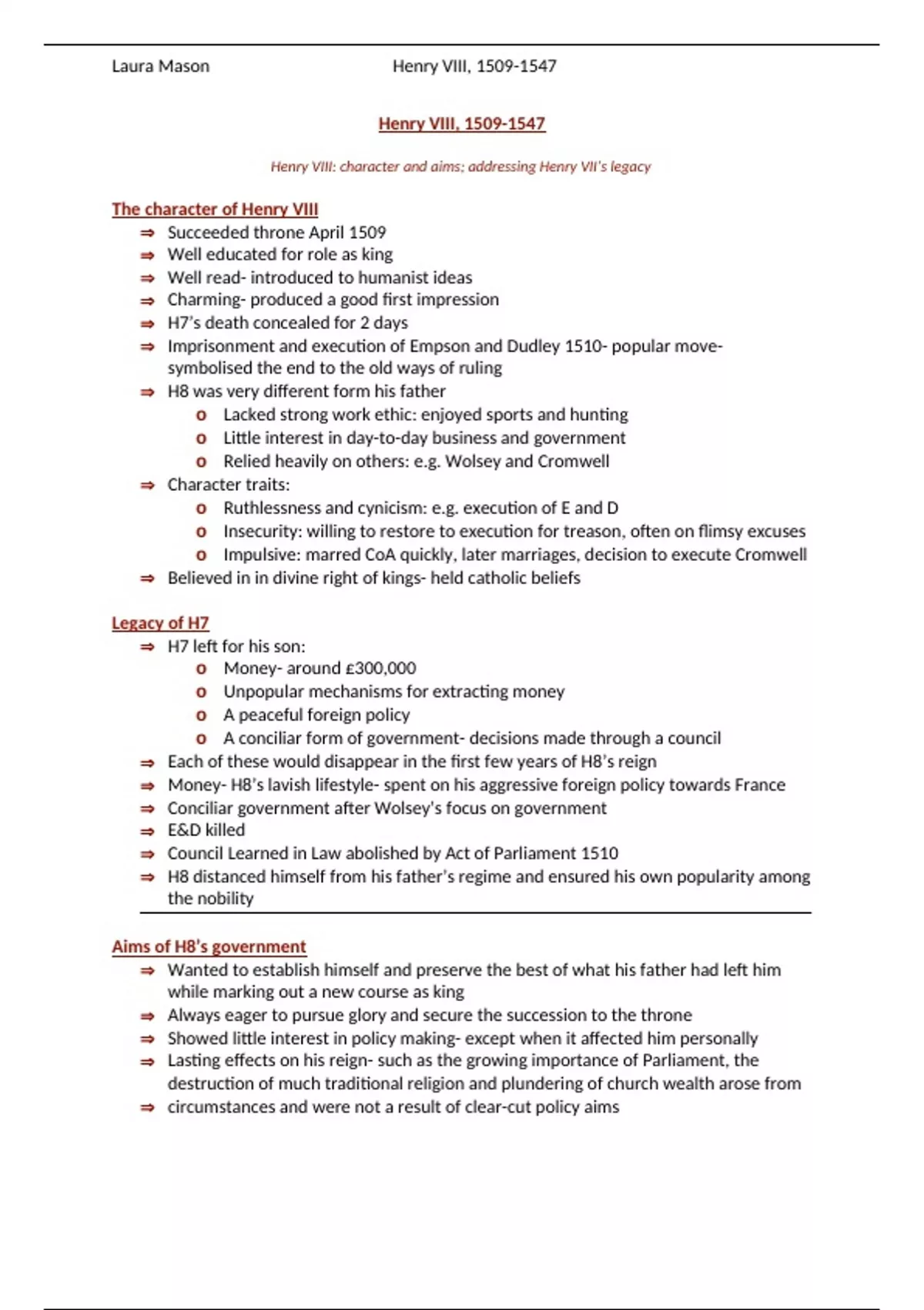 Summary AQA History A-Level - 1C The Tudors - Henry VIII, Comprehensive ...