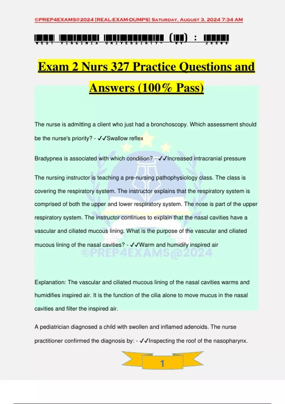 Exam 2 Nurs 327 Practice Questions and Answers (100% Pass) - NURS 327 ...